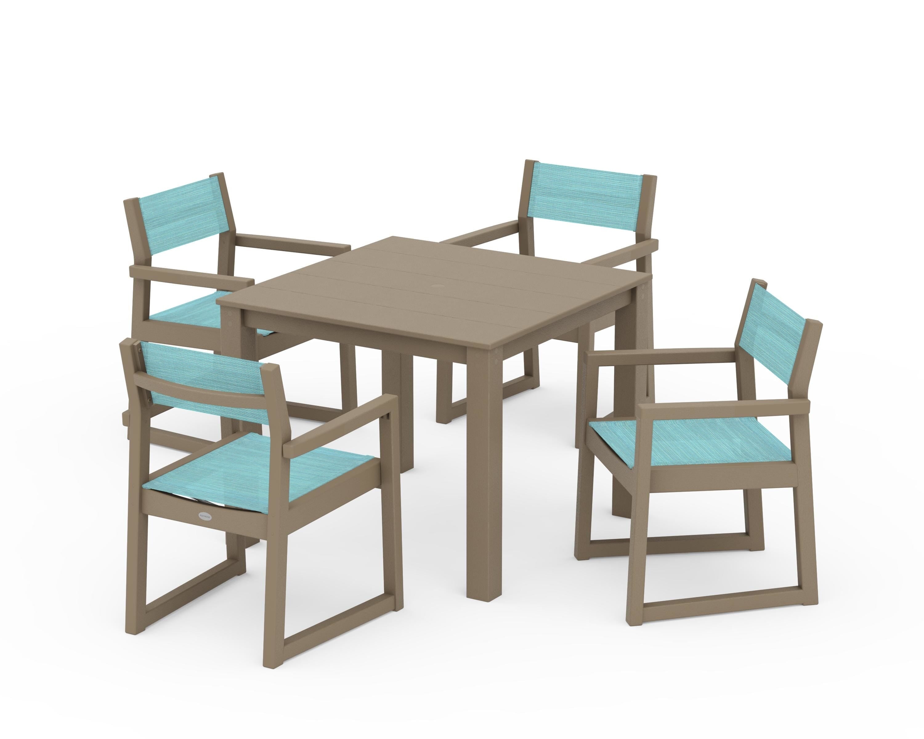 POLYWOOD EDGE Sling Arm Chair 5-Piece Parsons Dining Set in Vintage Sahara / Dupioni Aquamarine Sling