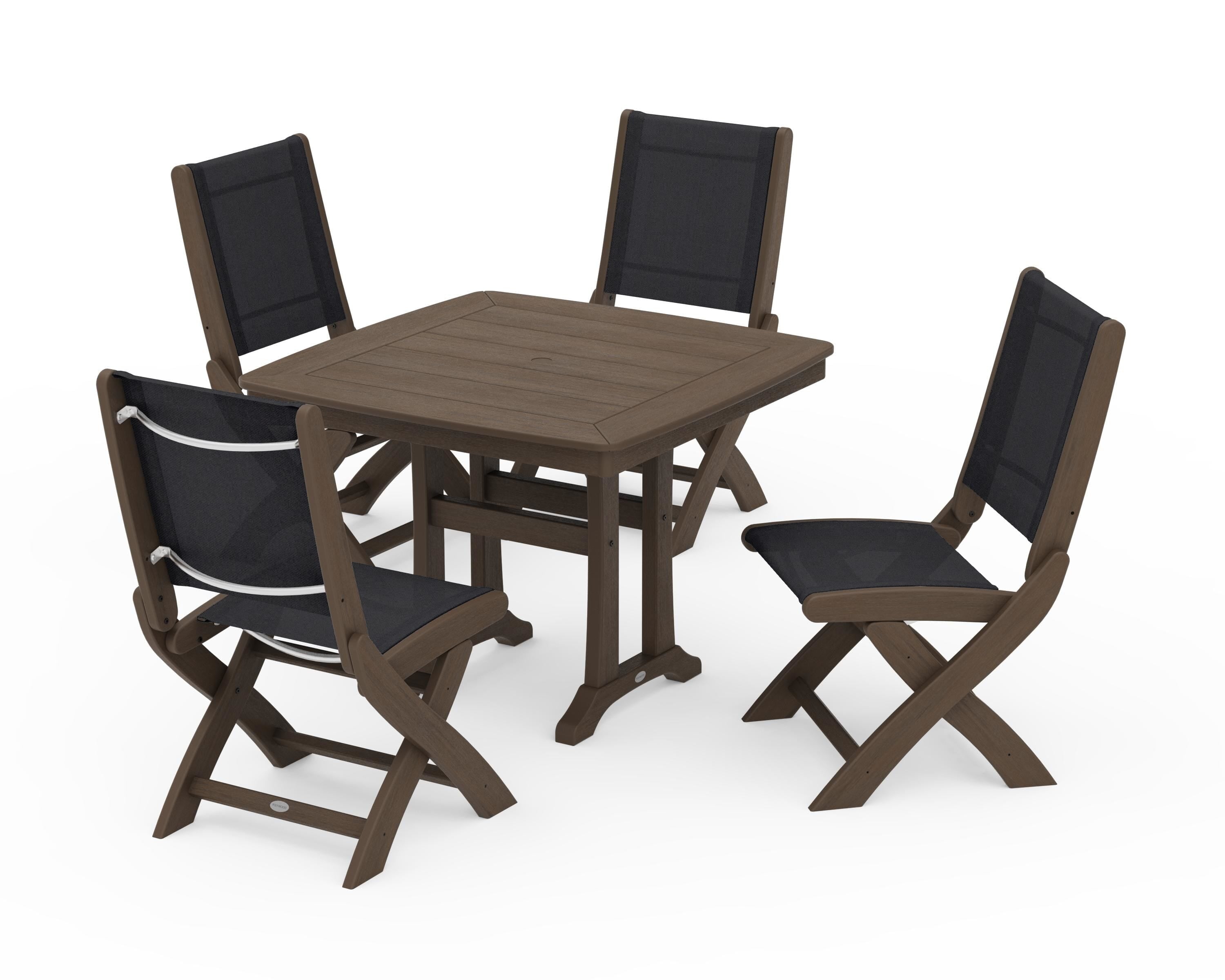 POLYWOOD Coastal Folding Side Chair 5-Piece Dining Set with Trestle Legs in Kona / Black Sling