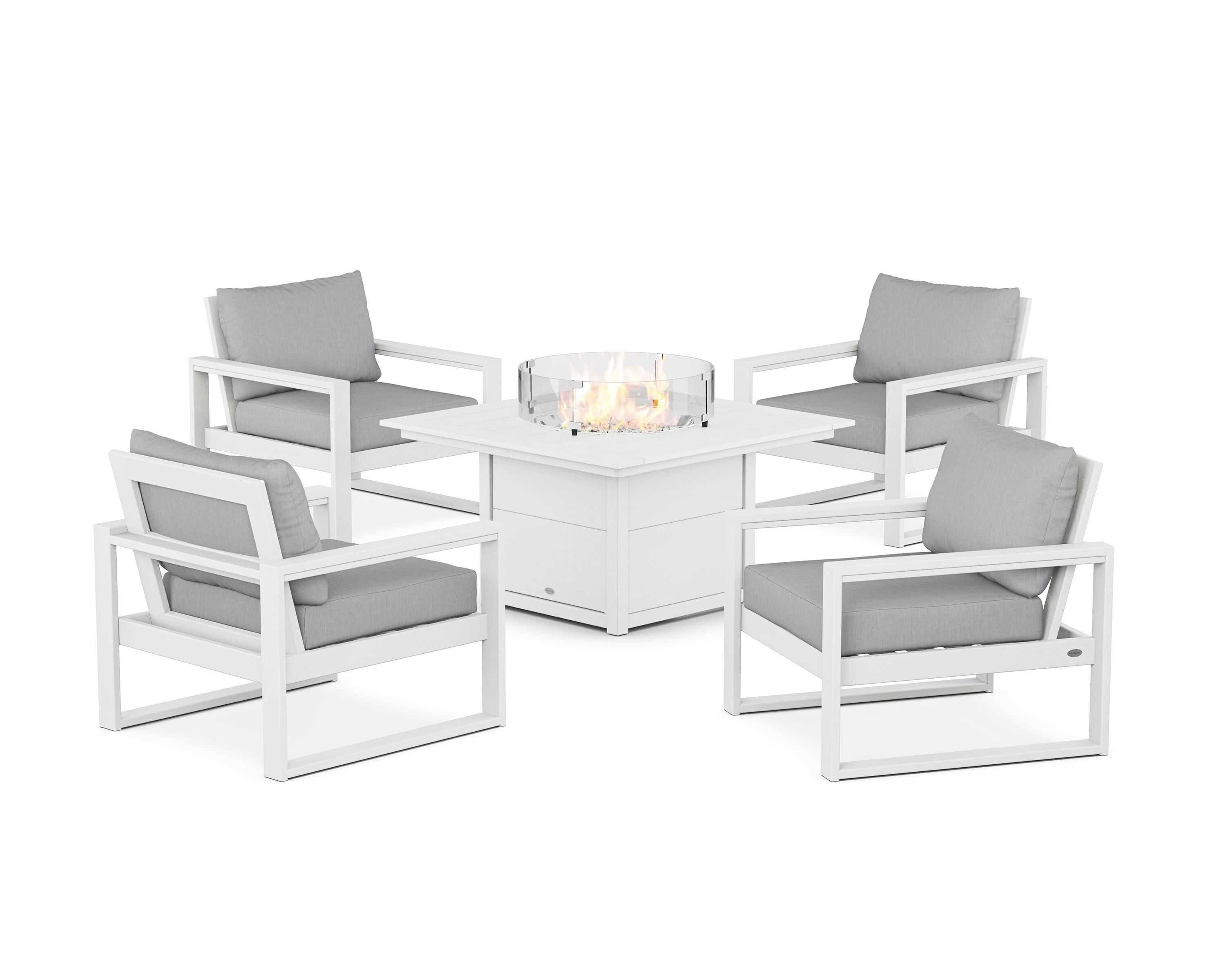 POLYWOOD EDGE Sectional 5-Piece Deep Seating Set with Fire Pit Table in White / Granite