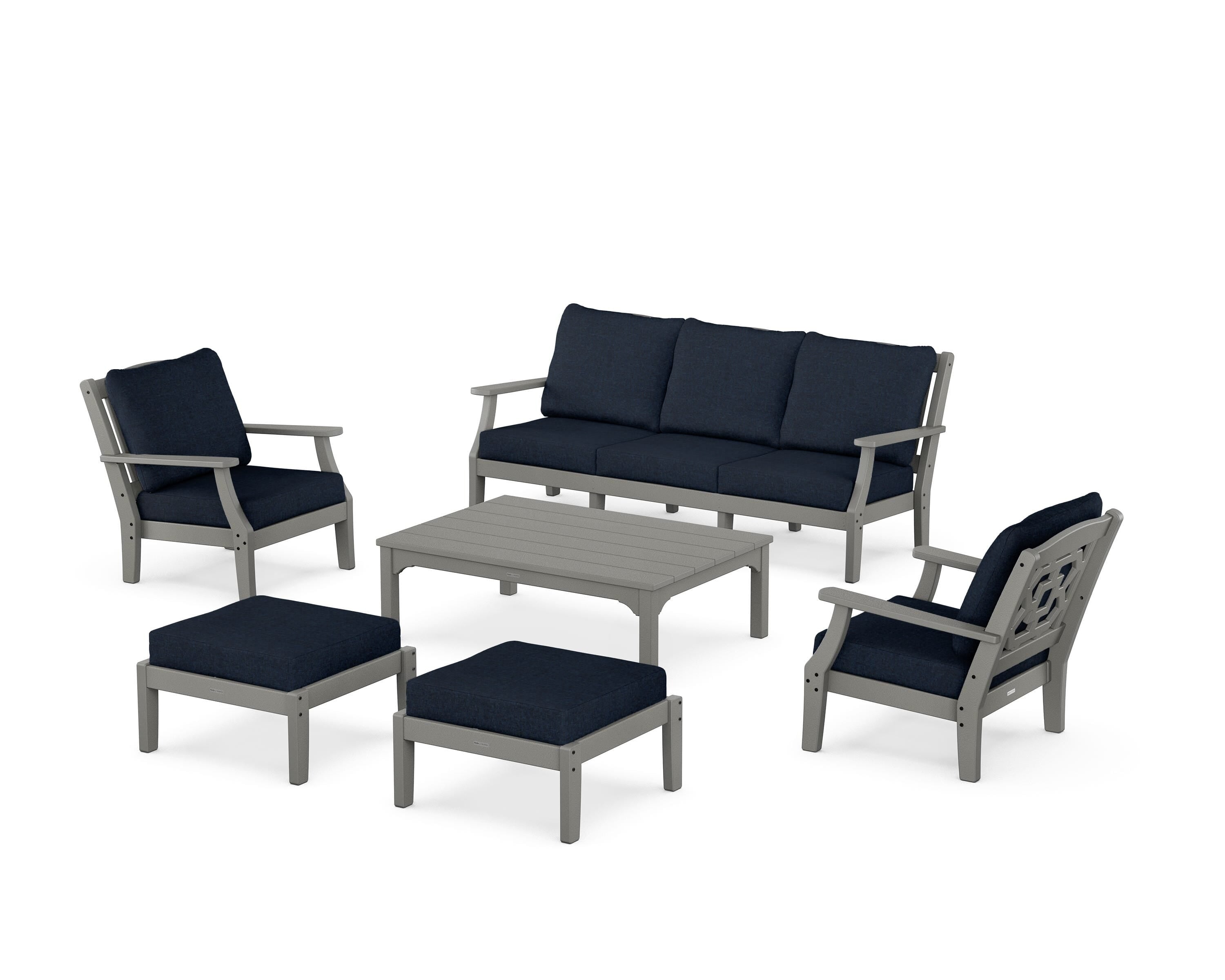 Martha Stewart by POLYWOOD Chinoiserie 6-Piece Lounge Sofa Set in Slate Grey / Marine Indigo