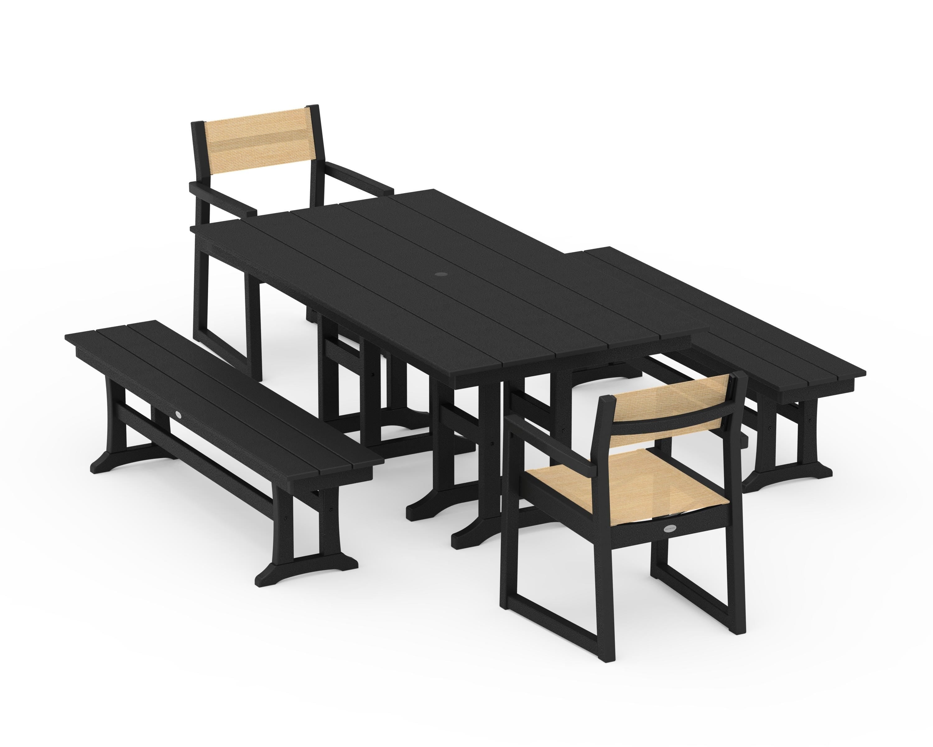 POLYWOOD EDGE Sling Arm Chair 5-Piece Farmhouse Dining Set with Benches in Black / Dupioni Apricot Sling