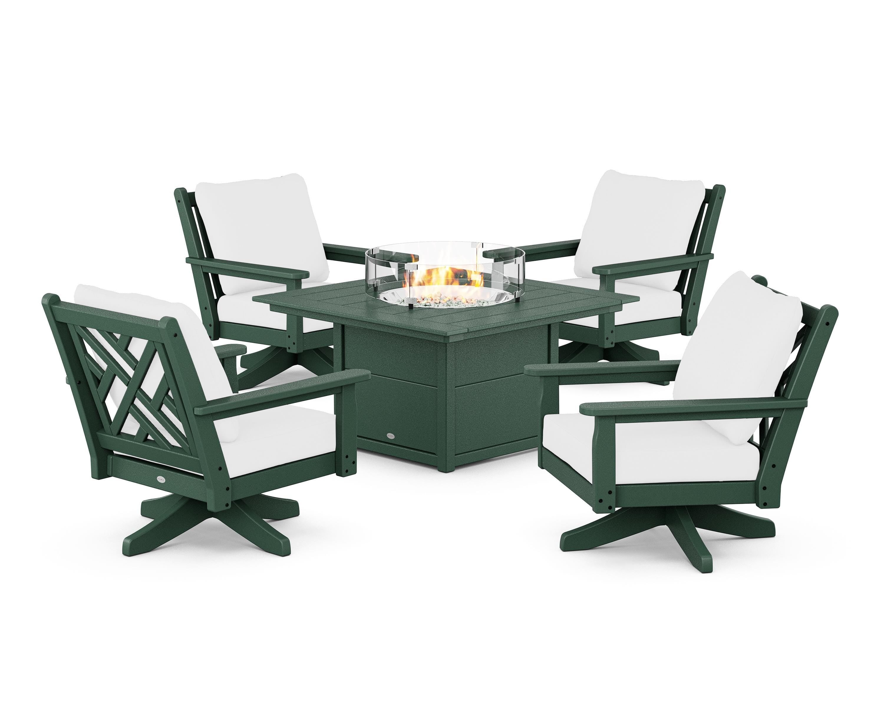 POLYWOOD Chippendale 5-Piece Deep Seating Swivel Conversation Set with Fire Pit Table in Green / Natural