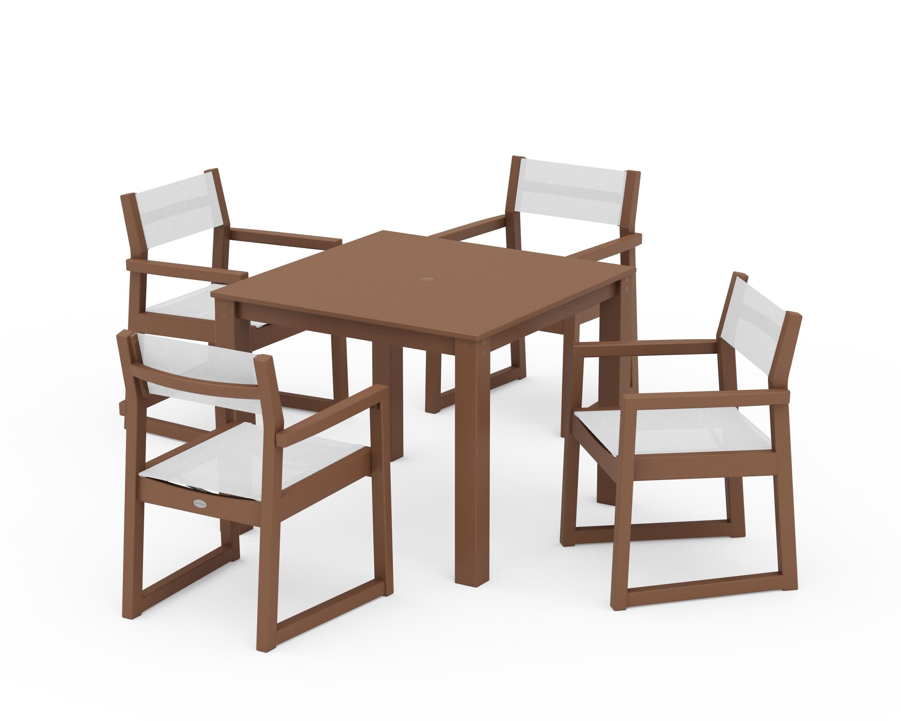 POLYWOOD EDGE Sling Arm Chair 5-Piece Parsons Dining Set in Teak / White Sling
