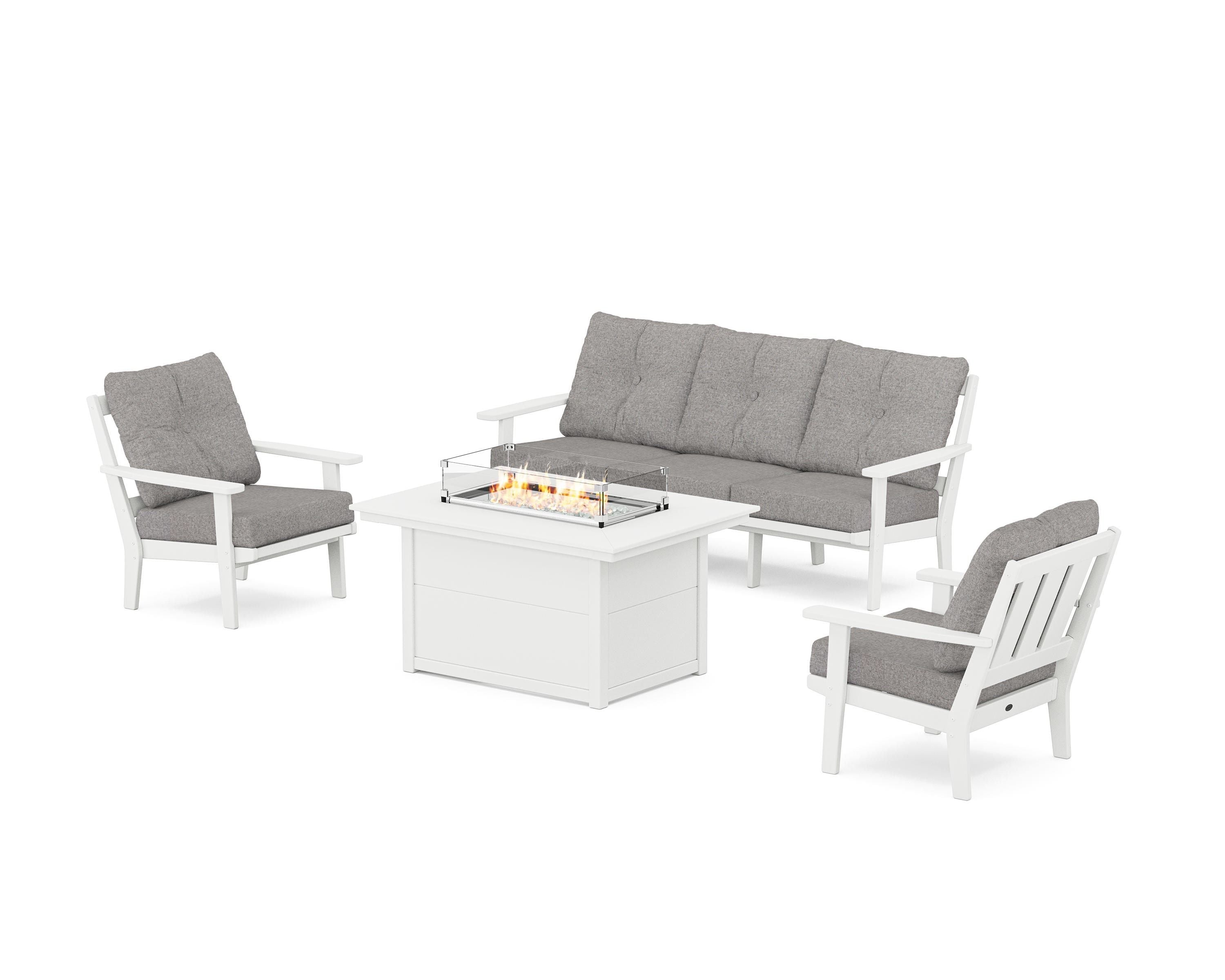 POLYWOOD Oxford Deep Seating Fire Pit Table Set in White / Grey Mist