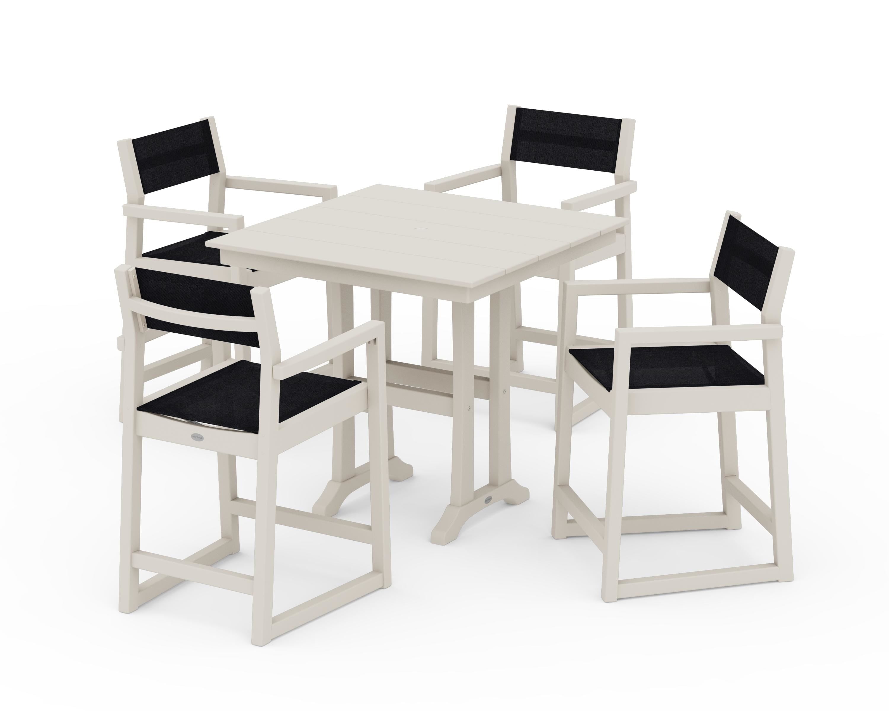 POLYWOOD EDGE Sling Arm Chair 5-Piece Farmhouse Counter Set with Trestle Legs in Sand / Black Sling