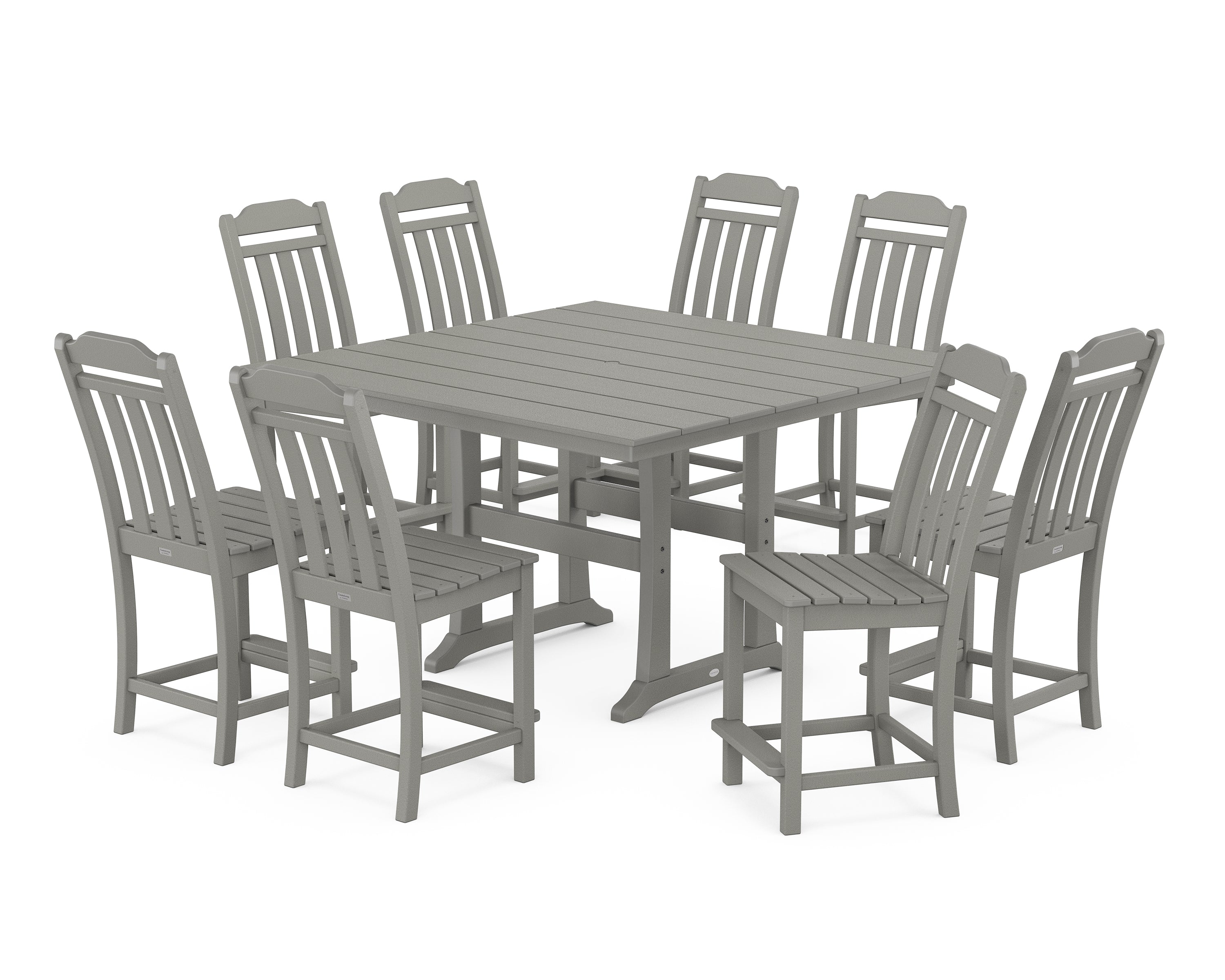 POLYWOOD Country Living 9-Piece Square Farmhouse Side Chair Counter Set with Trestle Legs in Slate Grey