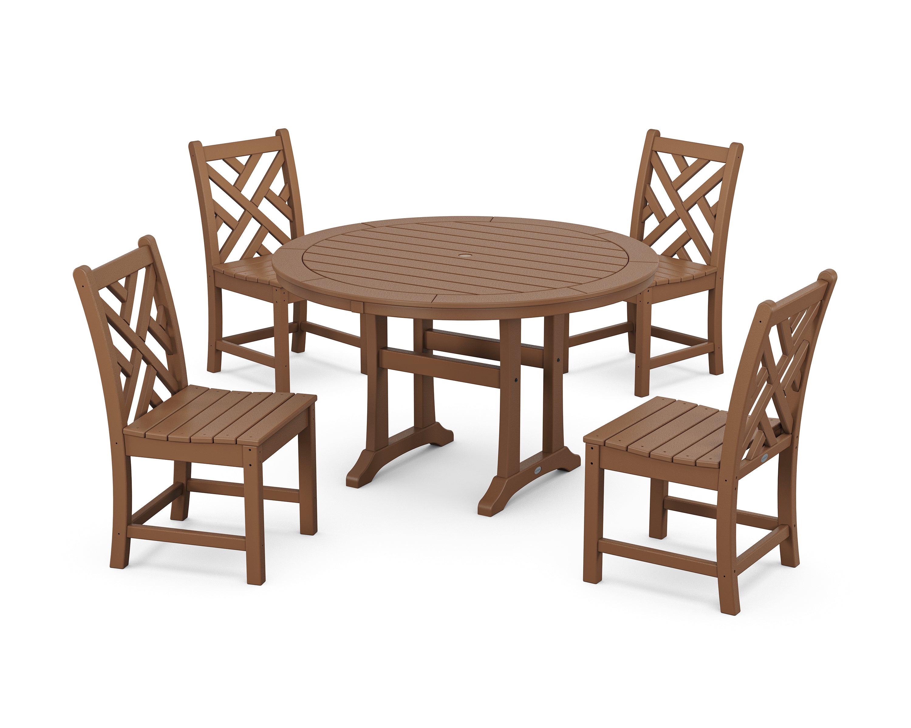 POLYWOOD® Chippendale Side Chair 5-Piece Round Dining Set With Trestle Legs in Teak