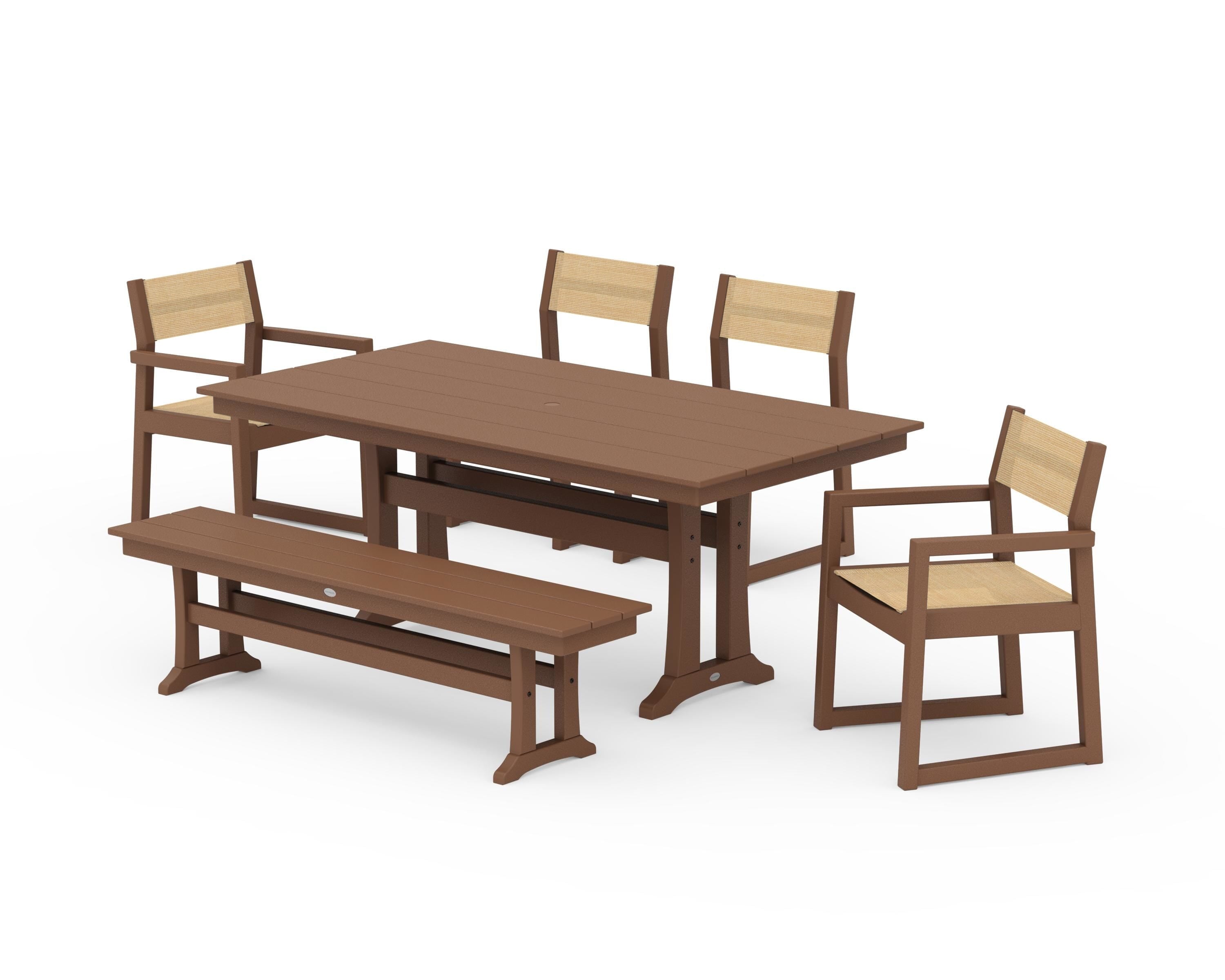 POLYWOOD EDGE Sling 6-Piece Farmhouse Dining Set With Trestle Legs in Teak / Dupioni Apricot Sling
