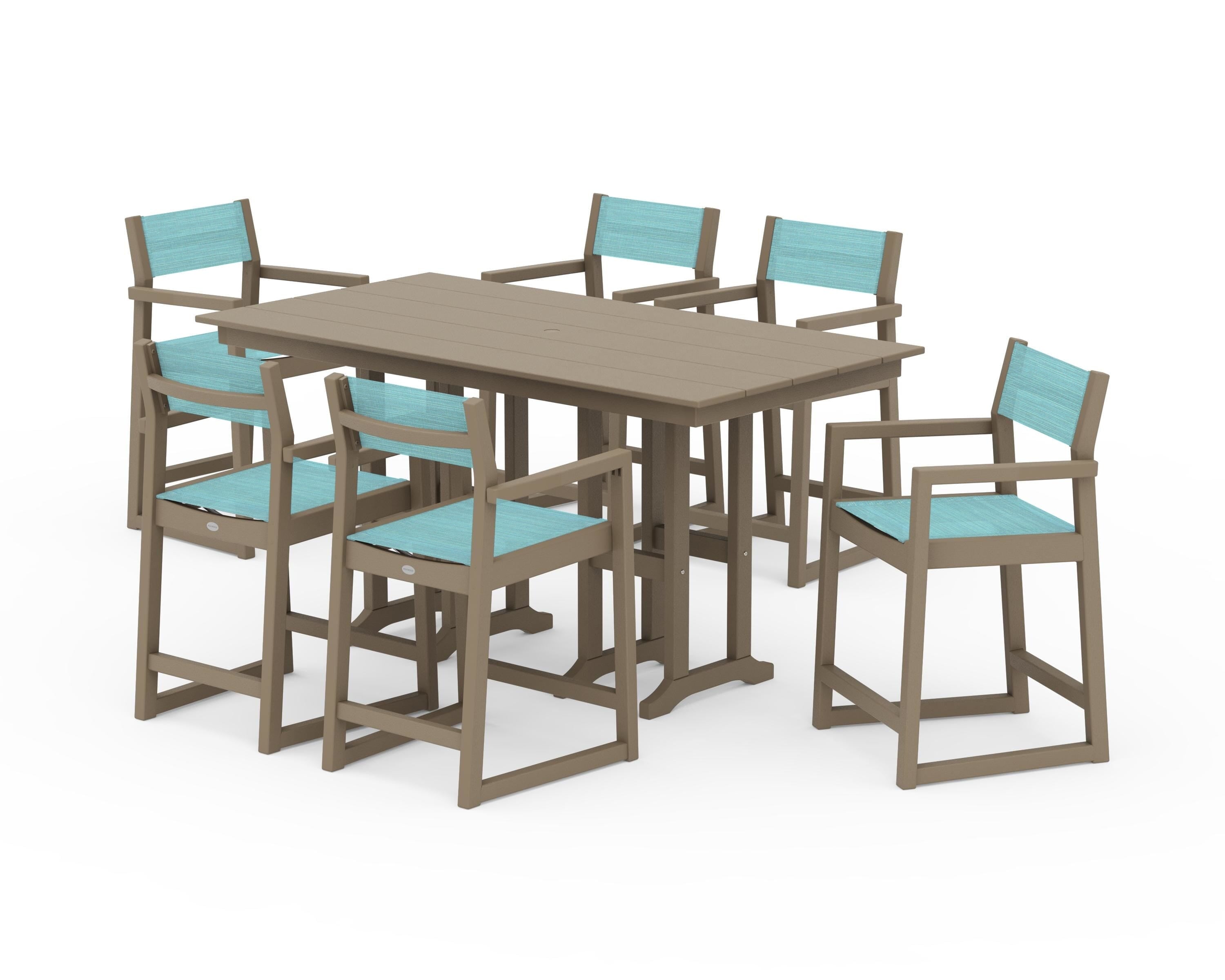 POLYWOOD EDGE Sling Arm Chair 7-Piece Farmhouse Counter Set in Vintage Sahara / Dupioni Aquamarine Sling