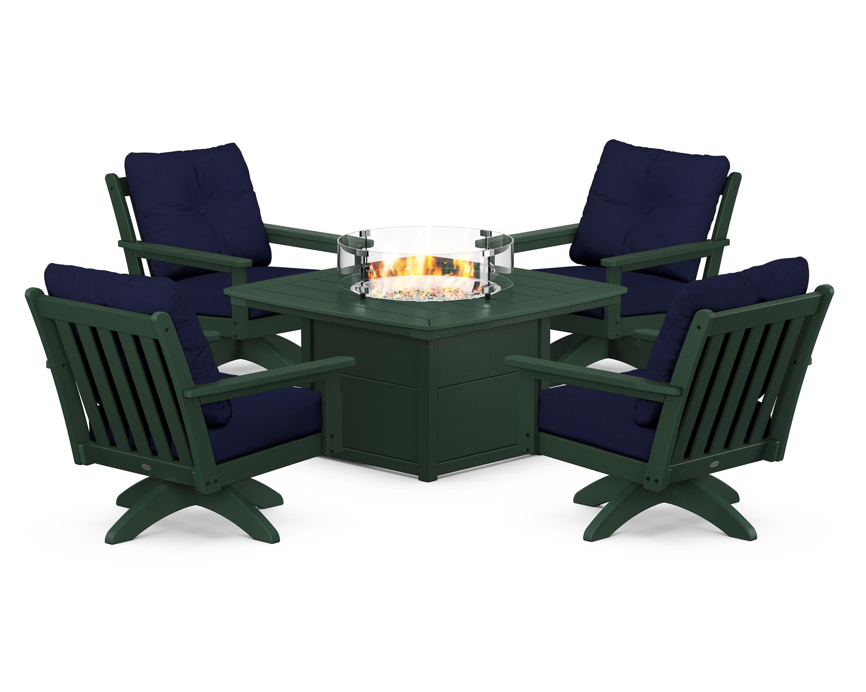 POLYWOOD Vineyard 5-Piece Deep Seating Swivel Conversation Set with Fire Pit Table in Green / Navy