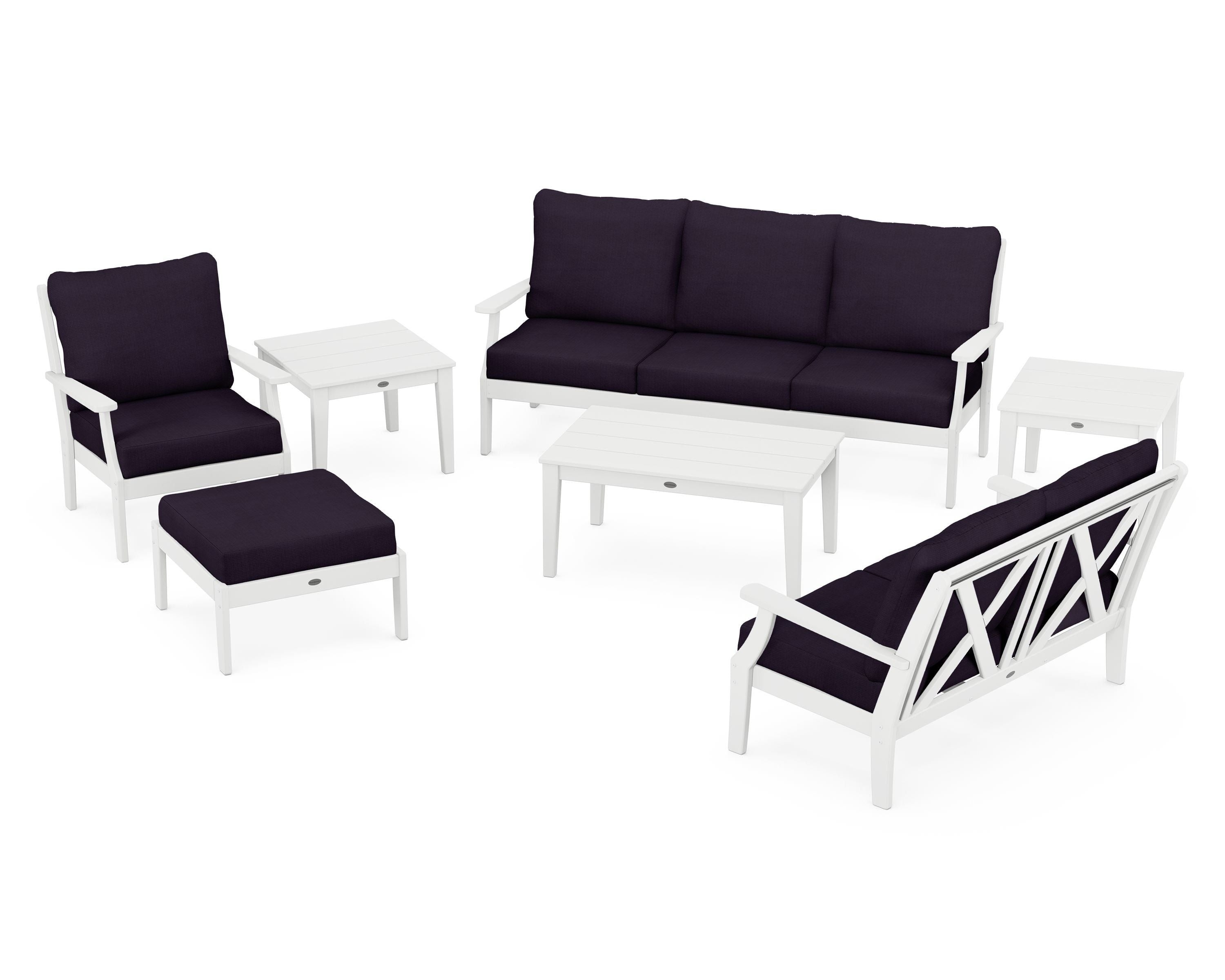 POLYWOOD Braxton 7-Piece Deep Seating Set in White / Navy Linen
