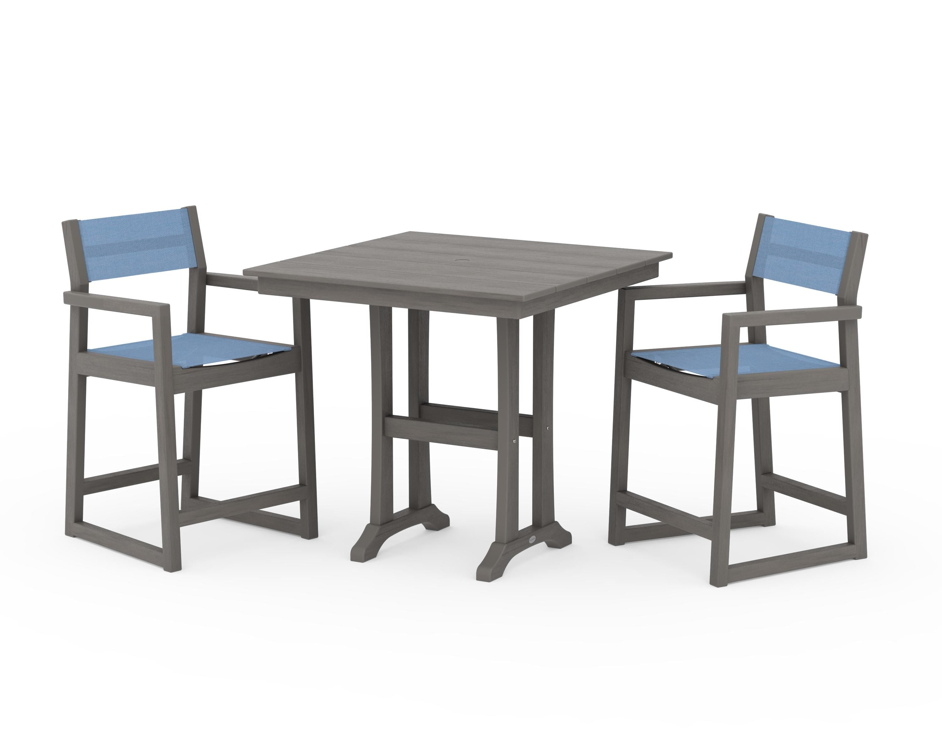 POLYWOOD EDGE Sling Arm Chair 3-Piece Farmhouse Counter Set with Trestle Legs in Driftwood / Poolside Sling