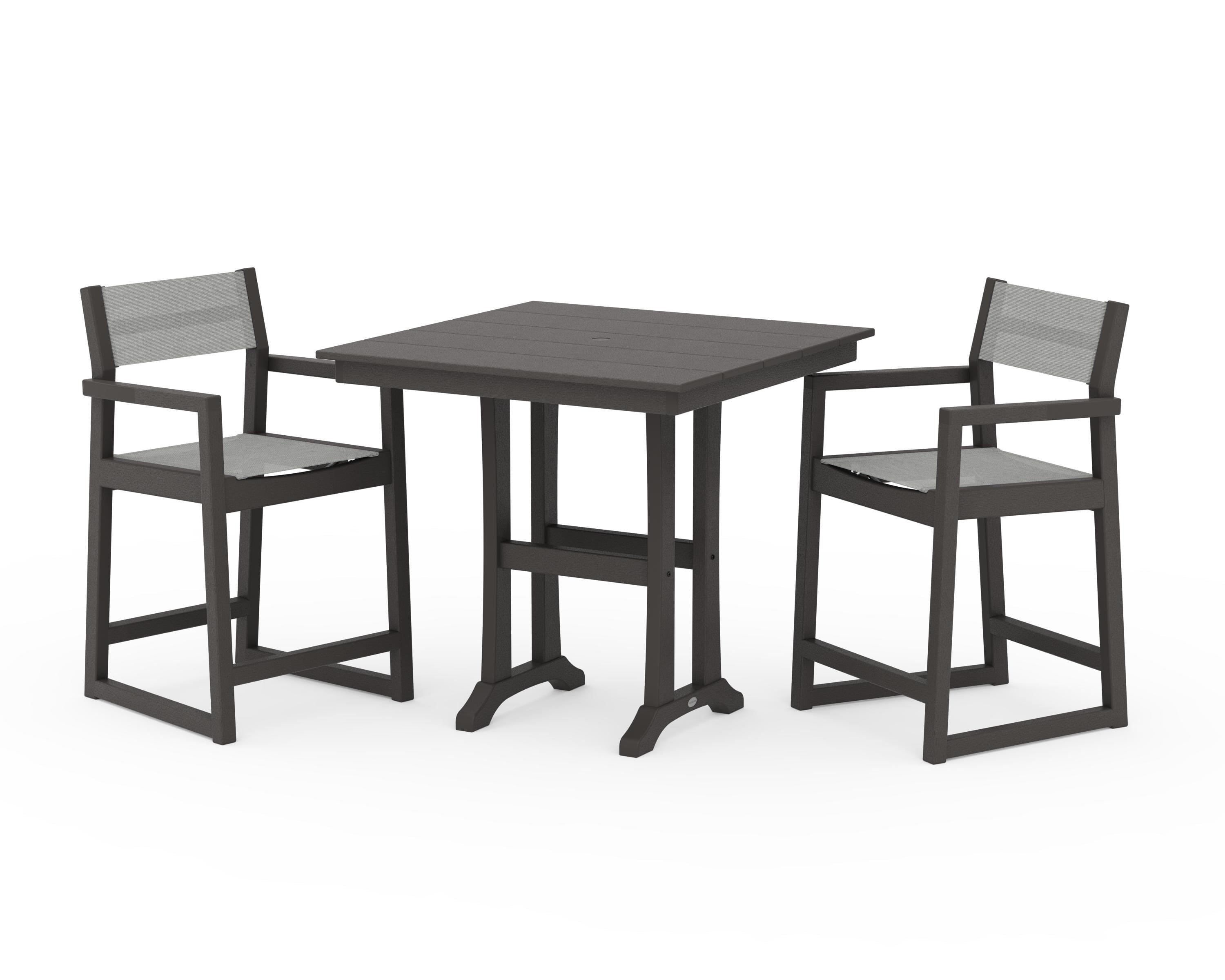 POLYWOOD EDGE Sling Arm Chair 3-Piece Farmhouse Counter Set with Trestle Legs in Vintage Coffee / Metallic Sling