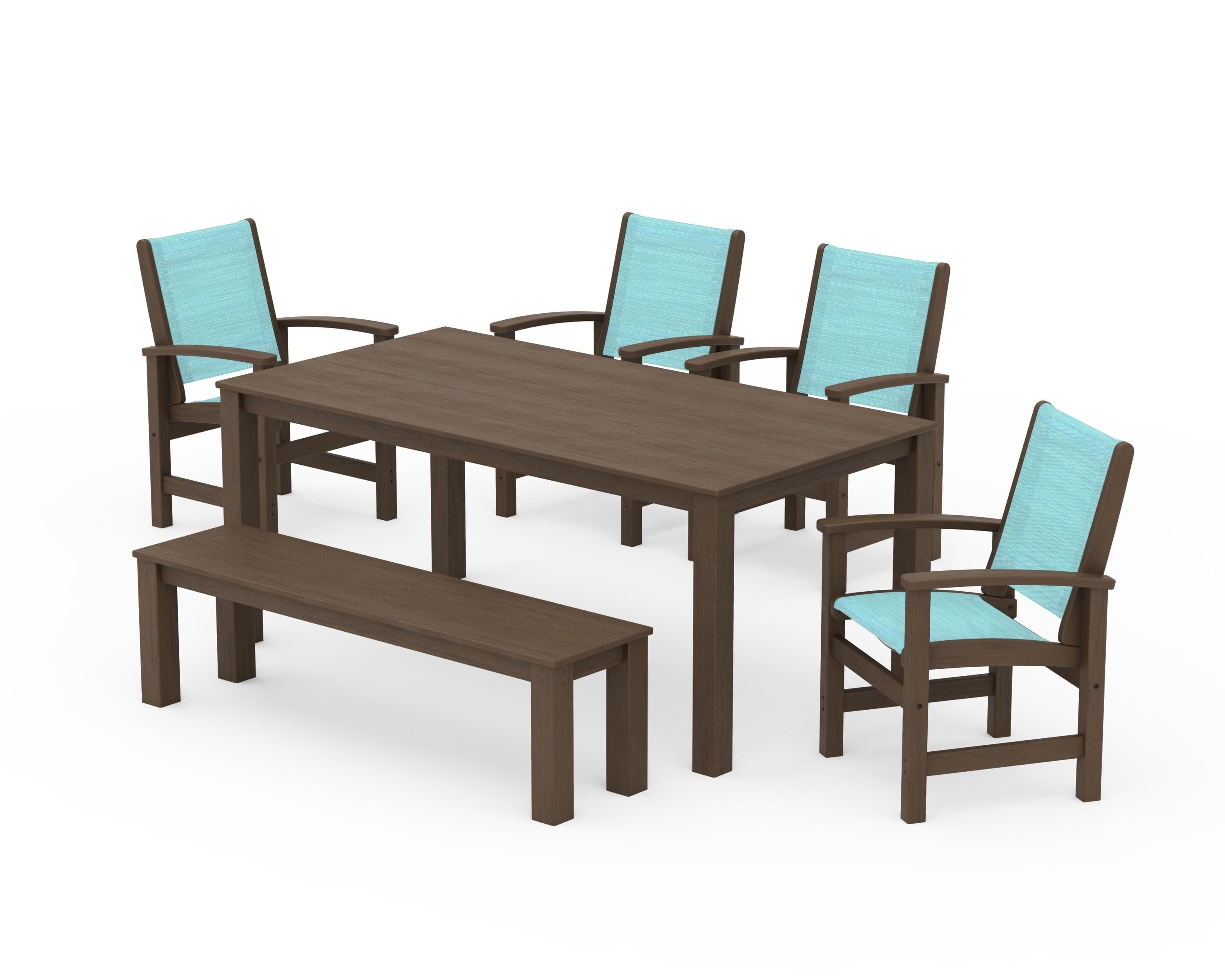POLYWOOD Coastal 6-Piece Parsons Dining Set with Bench in Kona / Dupioni Aquamarine Sling