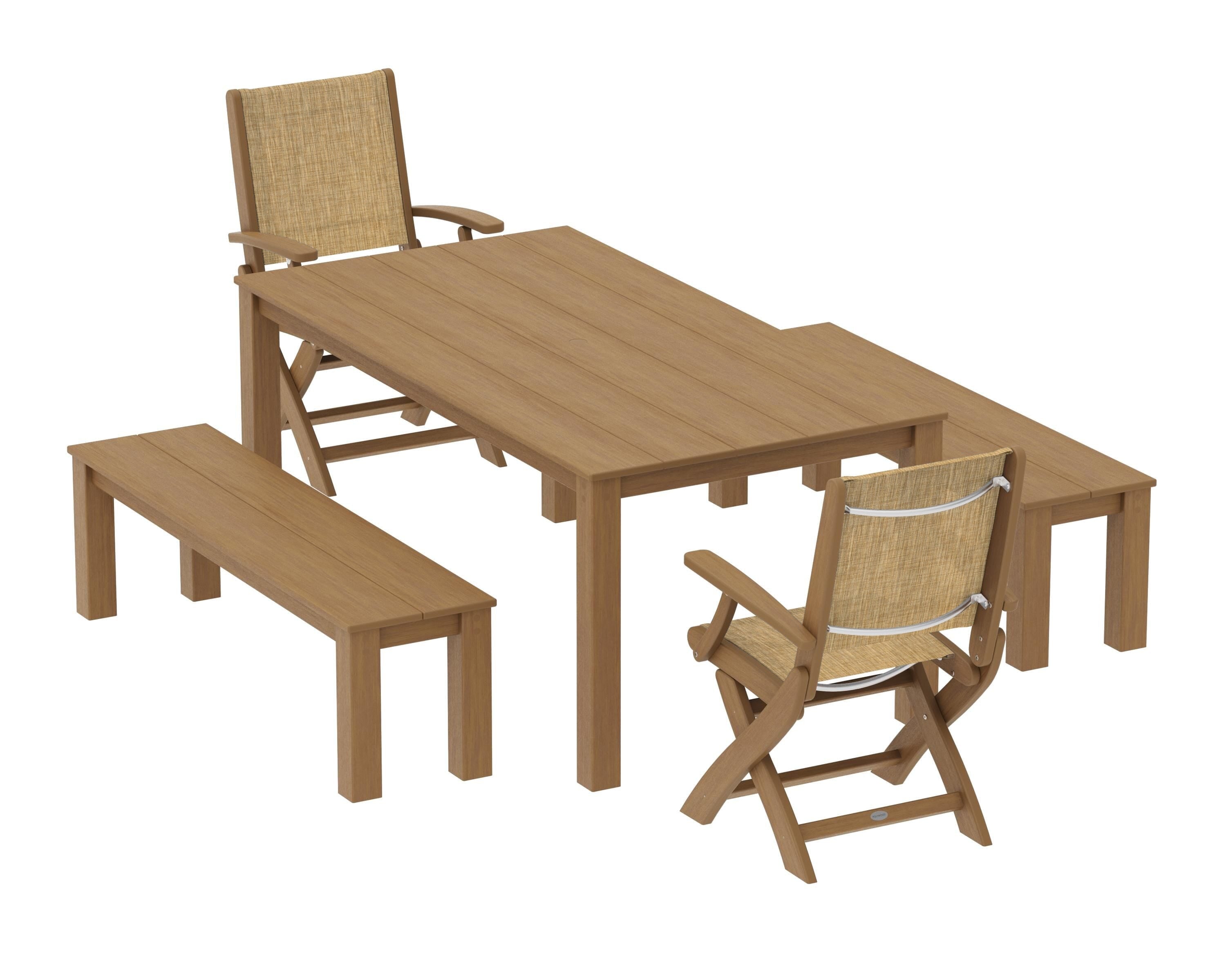 POLYWOOD Coastal Folding Chair 5-Piece Parsons Dining Set with Benches in Natural / Burlap Sling