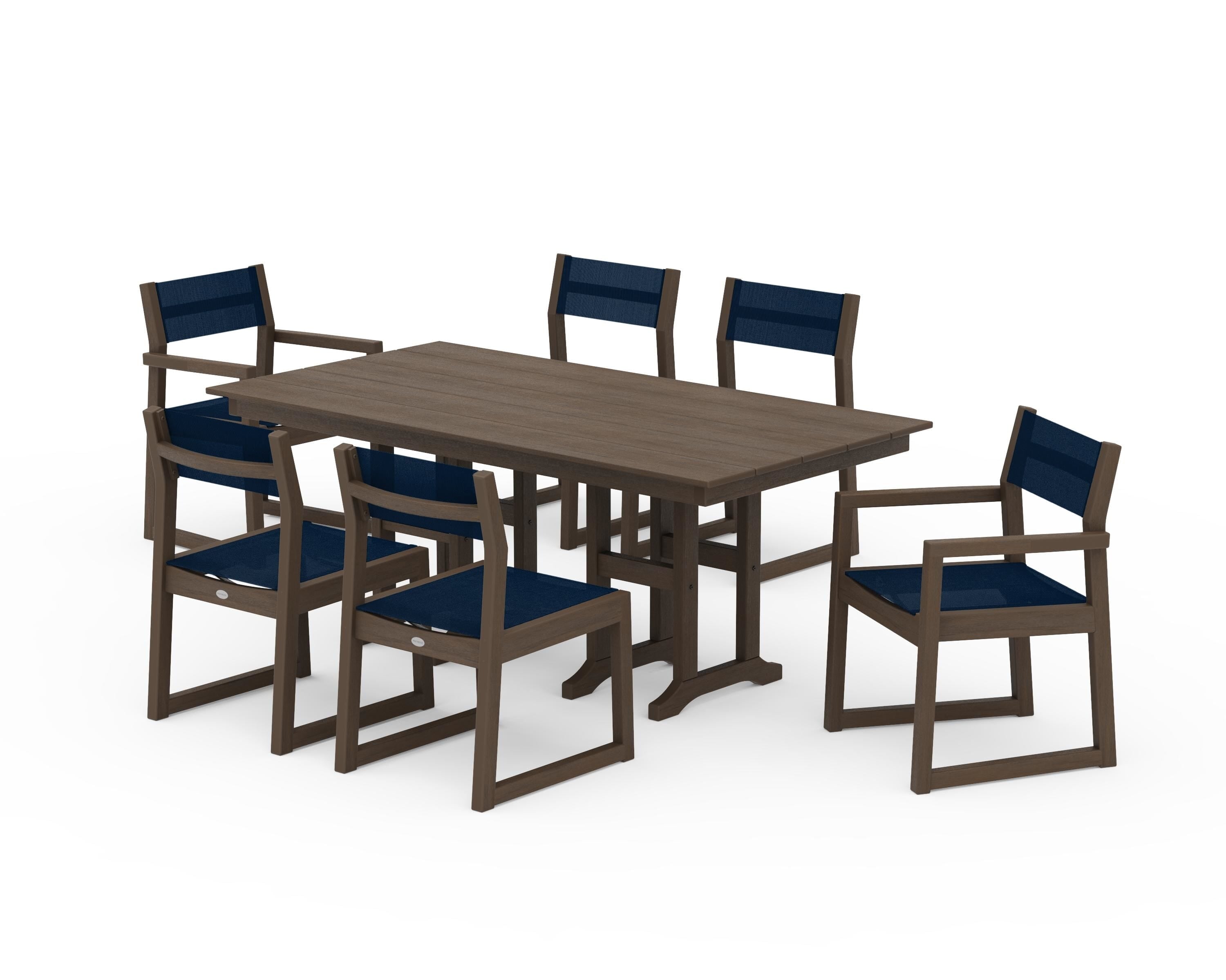 POLYWOOD EDGE Sling 7-Piece Farmhouse Dining Set in Kona / Navy Blue Sling
