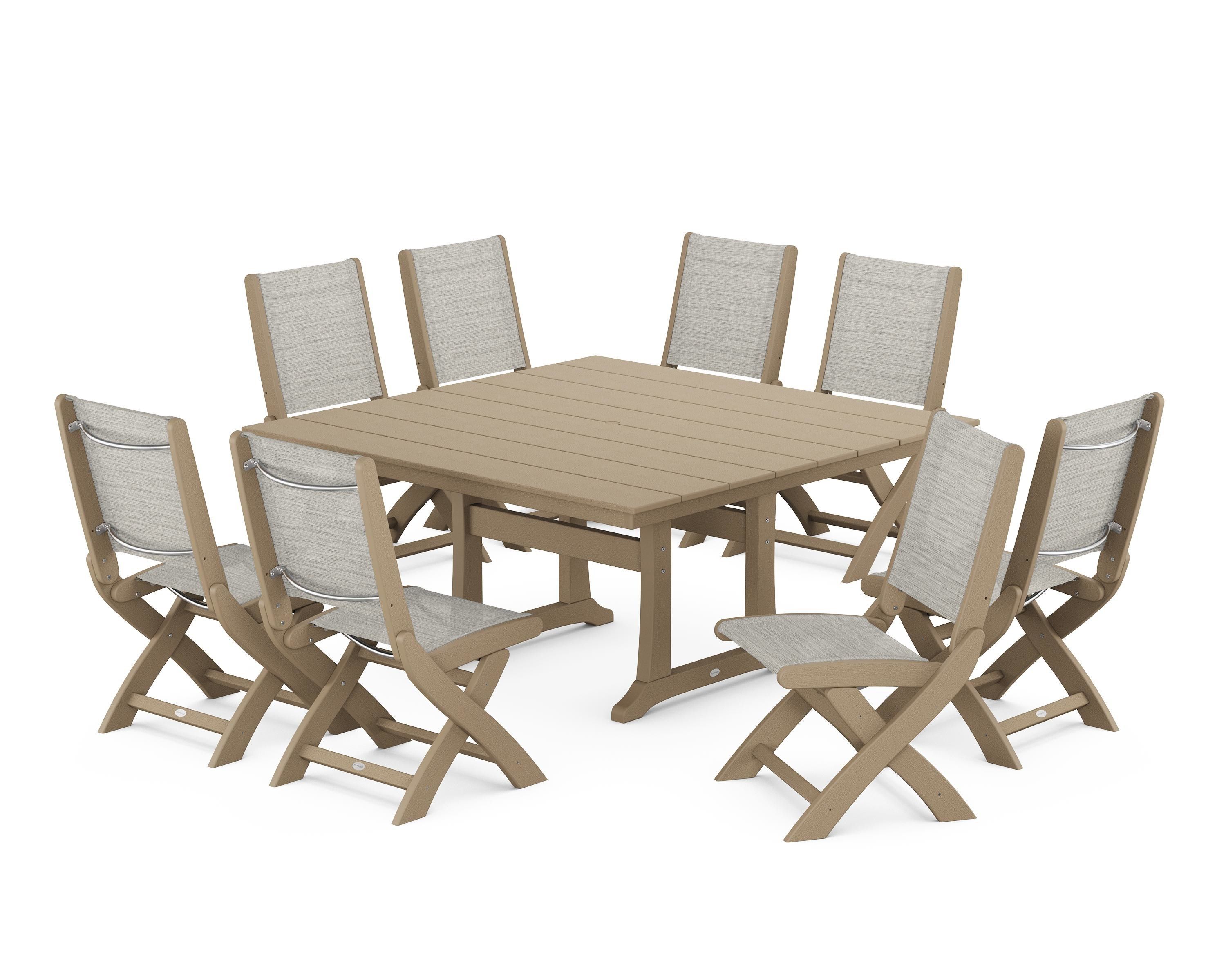 POLYWOOD Coastal Folding Side Chair 9-Piece Farmhouse Dining Set in Vintage Sahara / Birch Sling