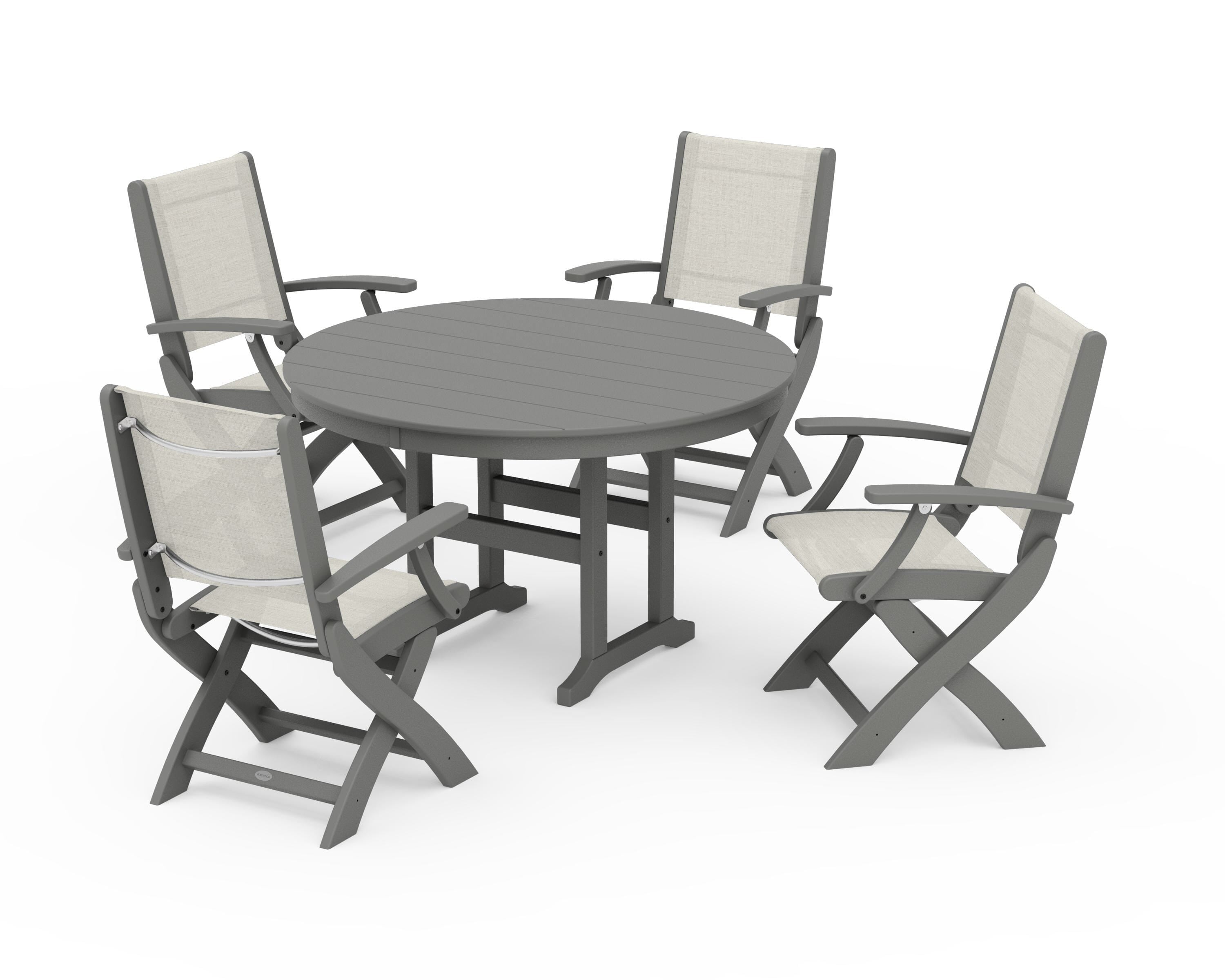 POLYWOOD Coastal Folding Chair 5-Piece Round Dining Set in Slate Grey / Parchment Sling