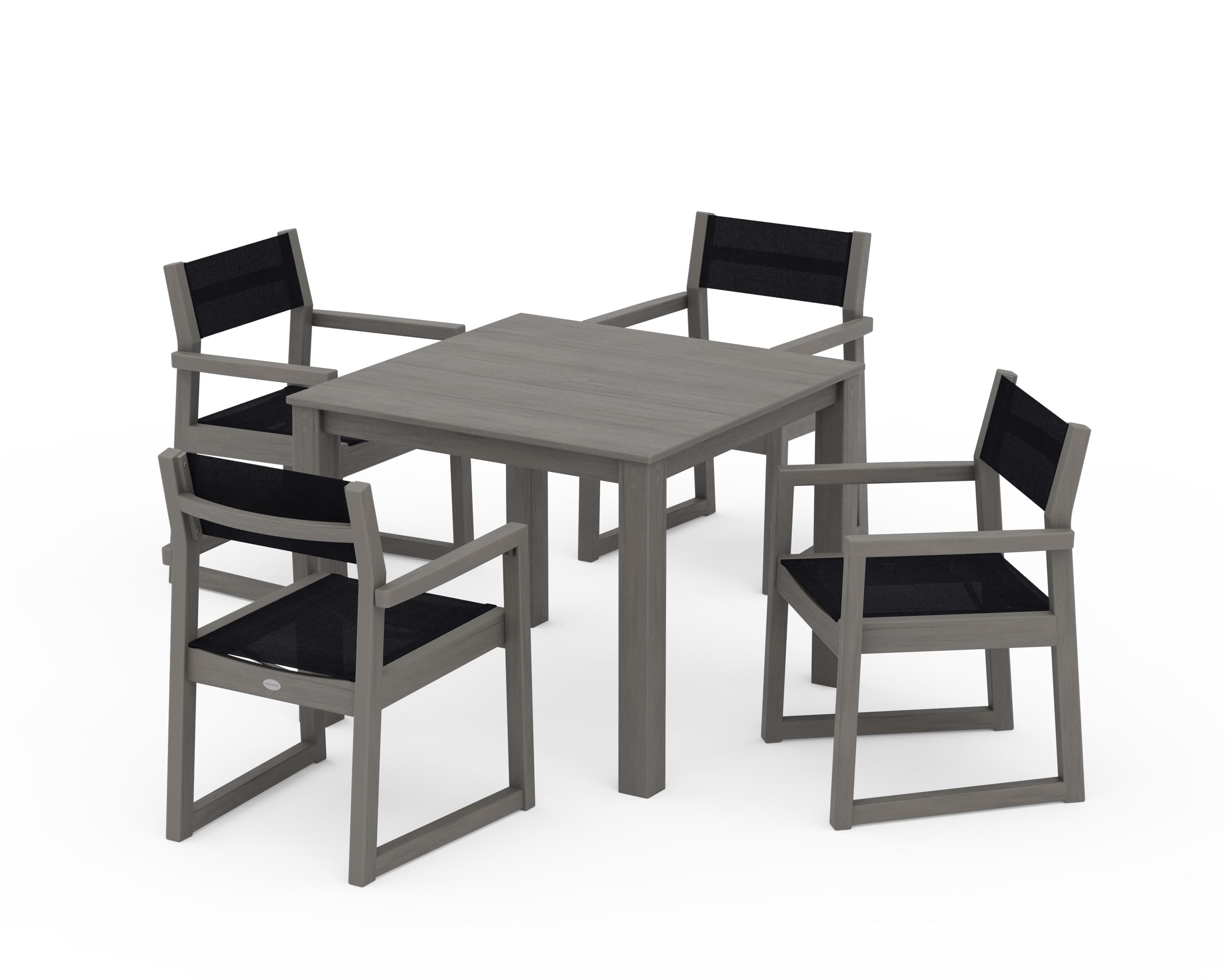 POLYWOOD EDGE Sling Arm Chair 5-Piece Parsons Dining Set in Driftwood / Black Sling