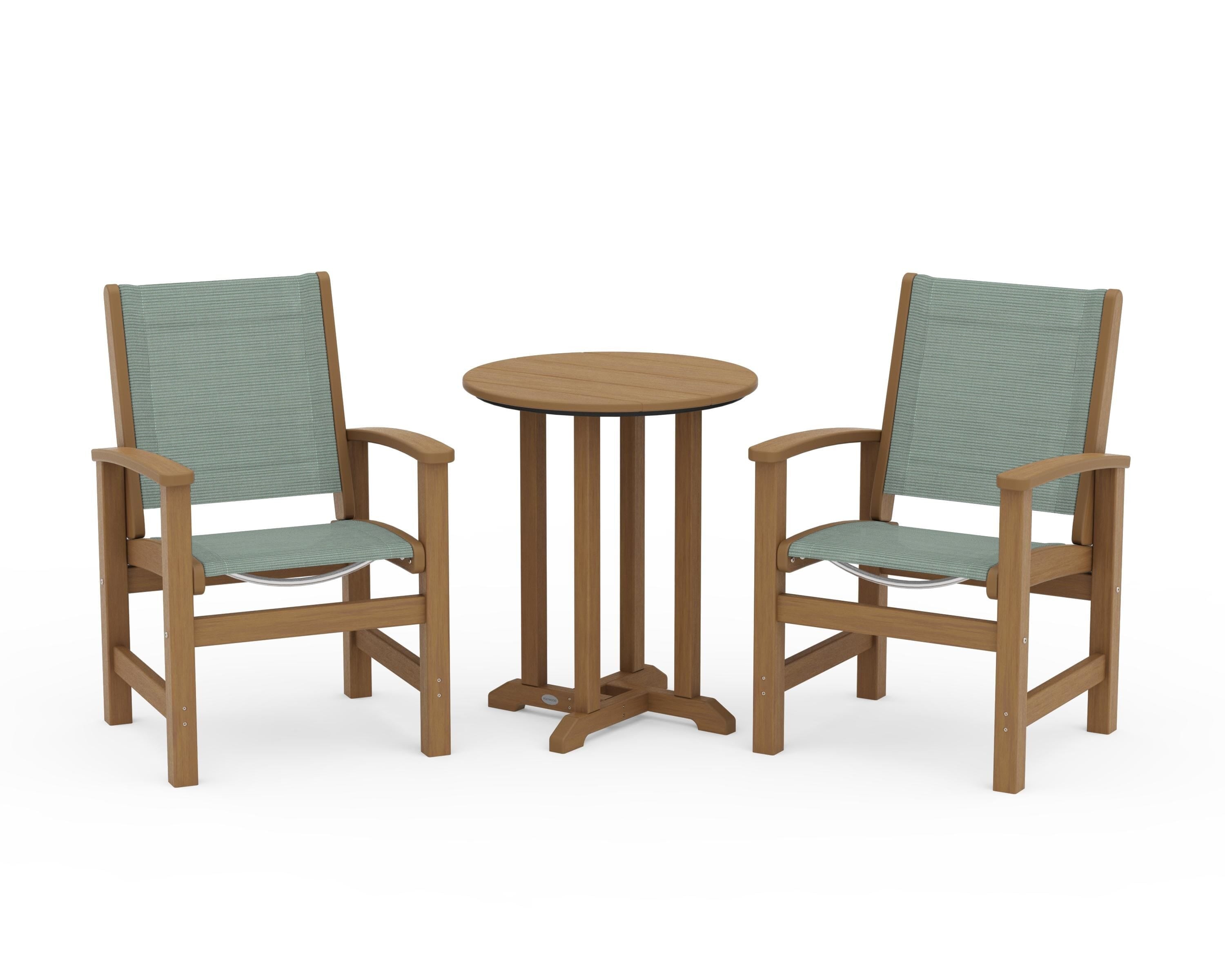POLYWOOD Coastal 3-Piece Round Bistro Dining Set in Natural / Dupioni Sea Mist Sling