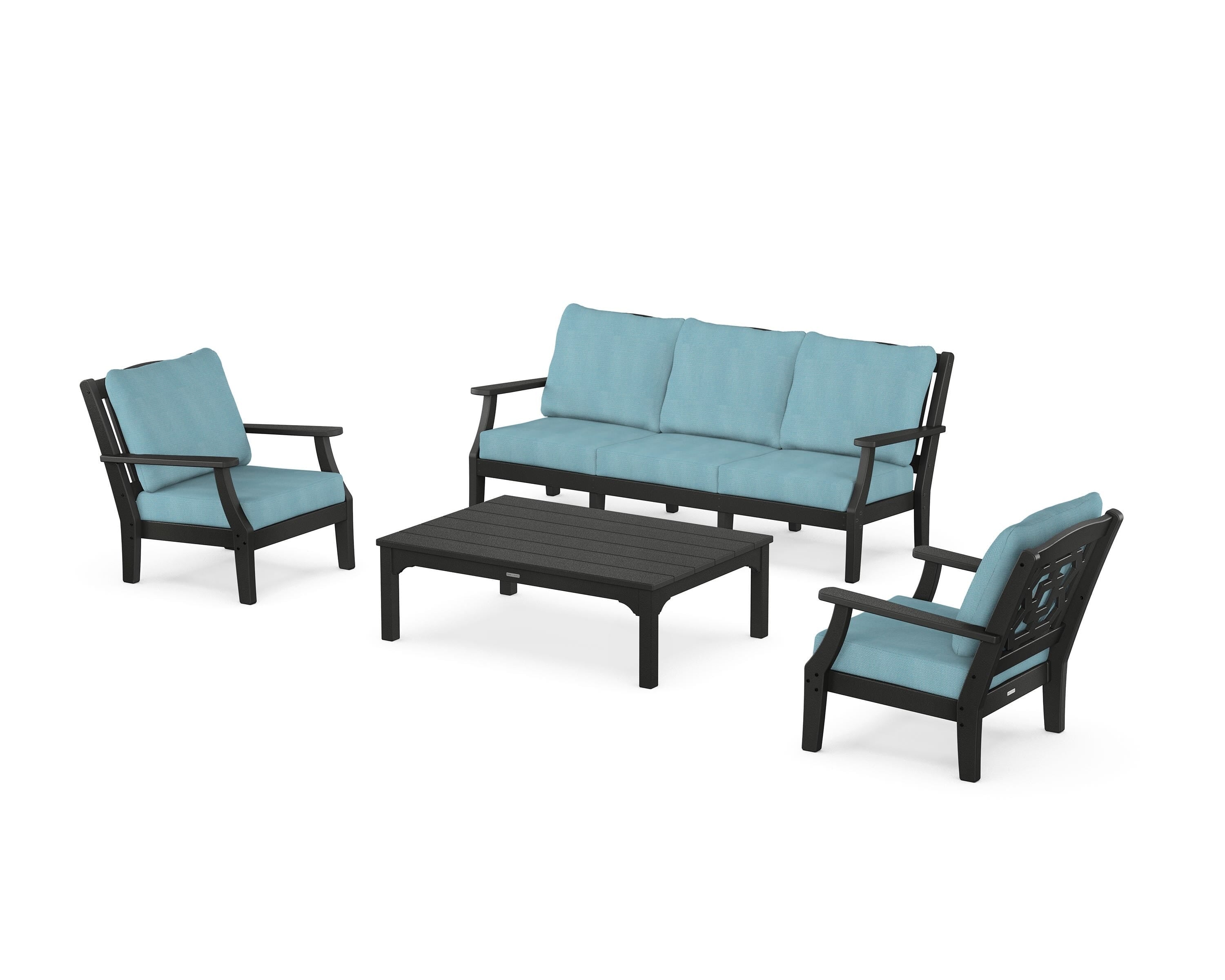 Martha Stewart by POLYWOOD Chinoiserie 4-Piece Deep Seating Set with Sofa in Black / Lattice Sky Blue