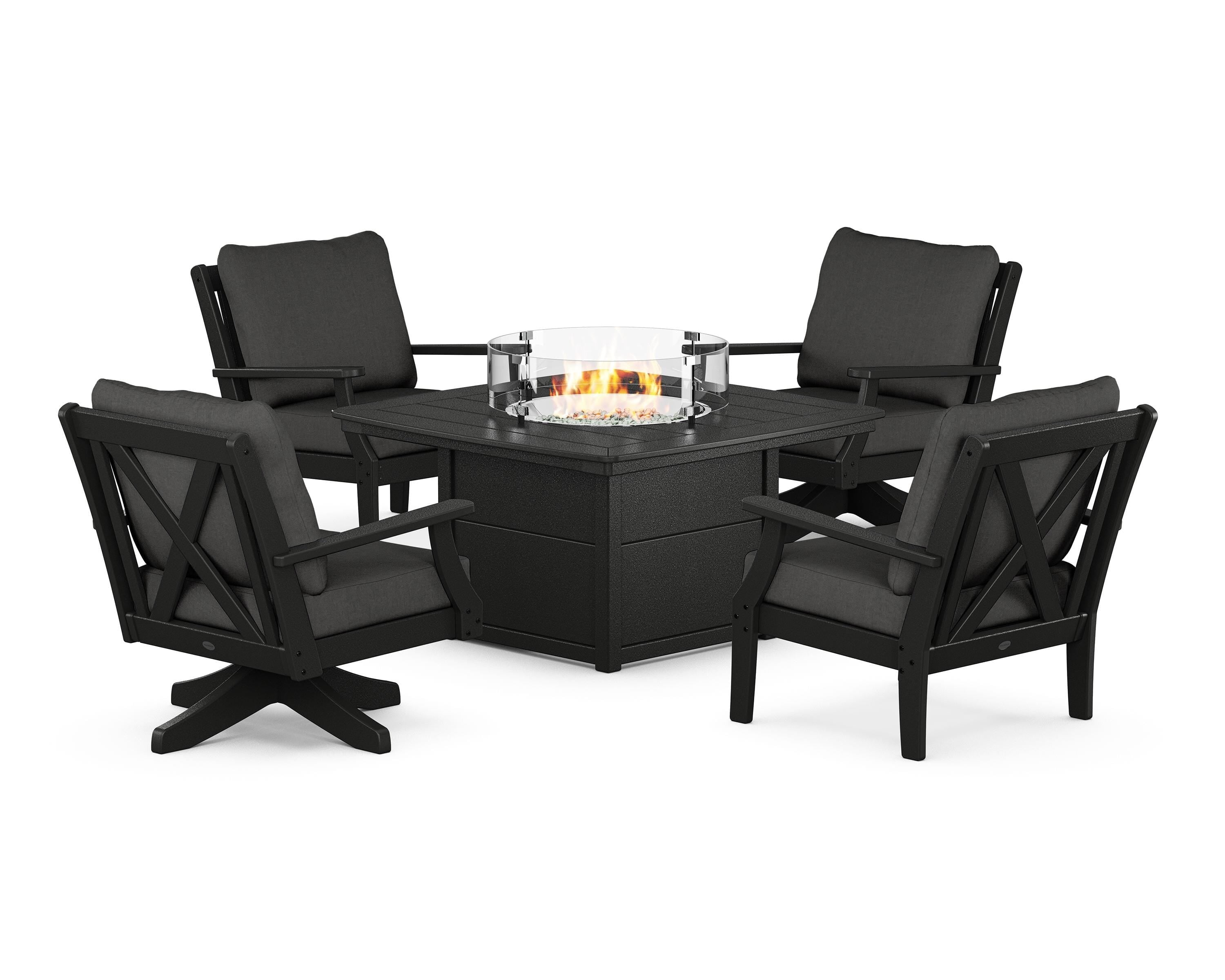 POLYWOOD Braxton 5-Piece Deep Seating Set with Fire Table in Black / Spectrum Carbon