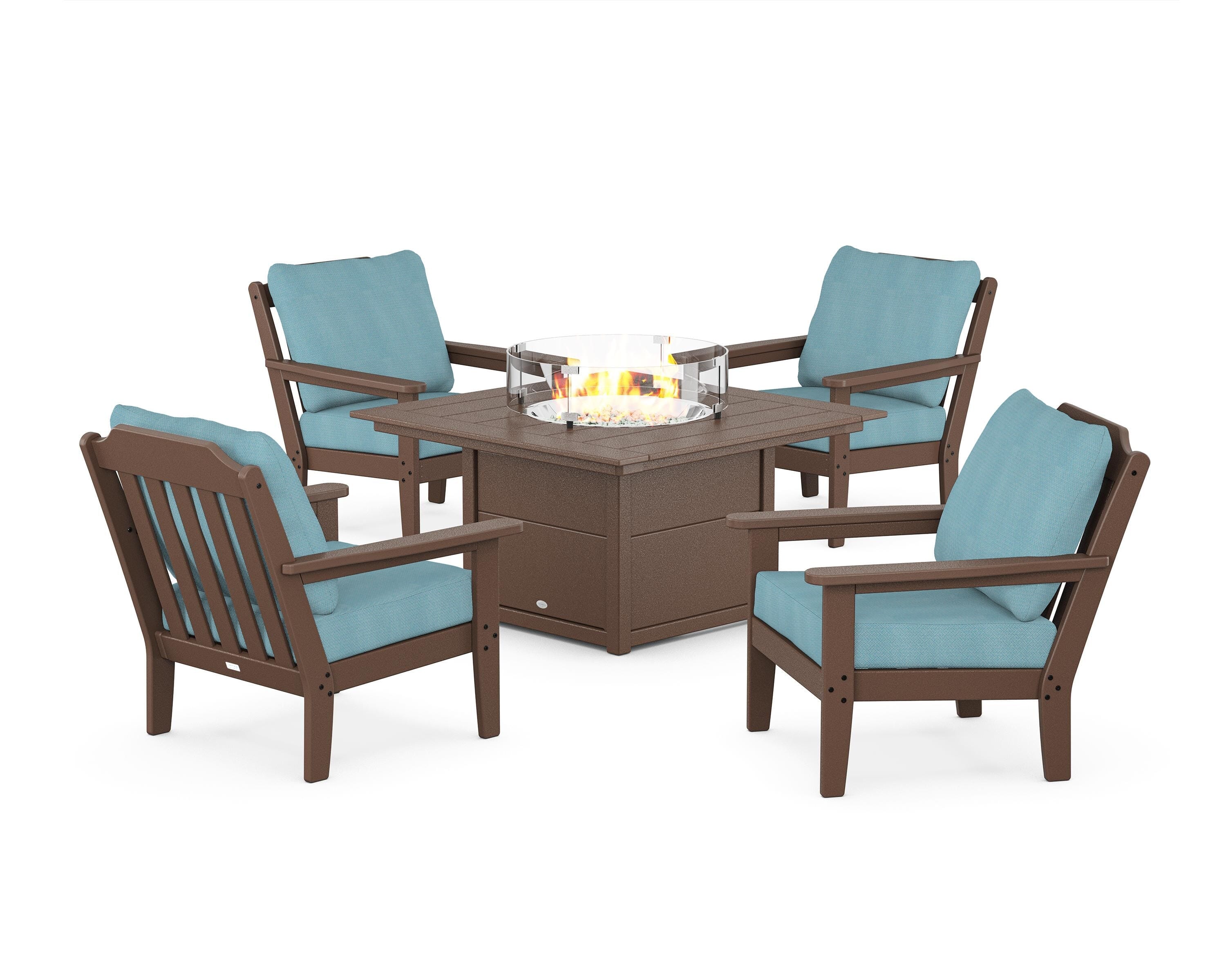 Country Living Cottage 5-Piece Deep Seating Set with Fire Pit Table in Mahogany / Lattice Sky Blue