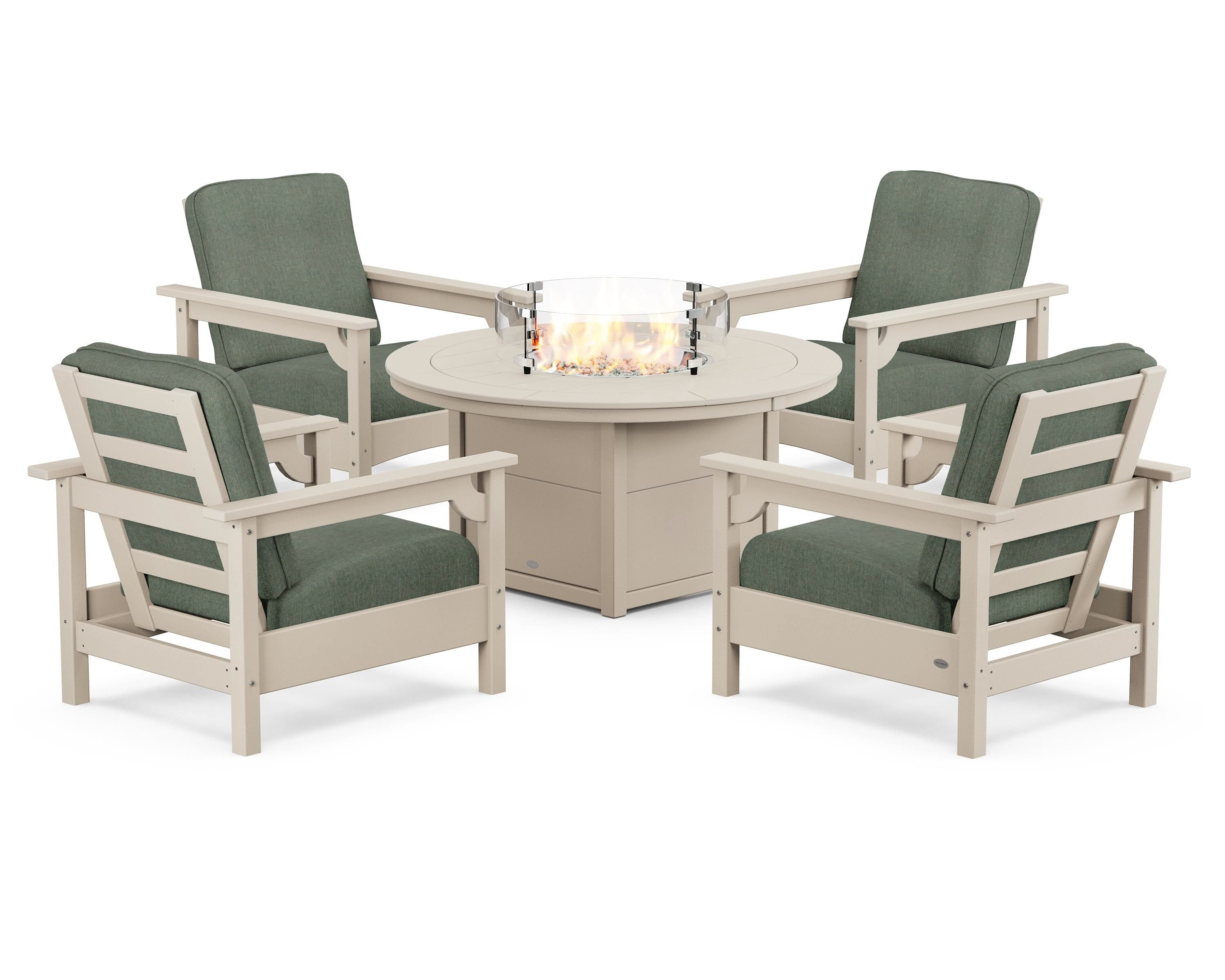 POLYWOOD Club 5-Piece Conversation Set with Fire Pit Table in Sand / Cast Sage
