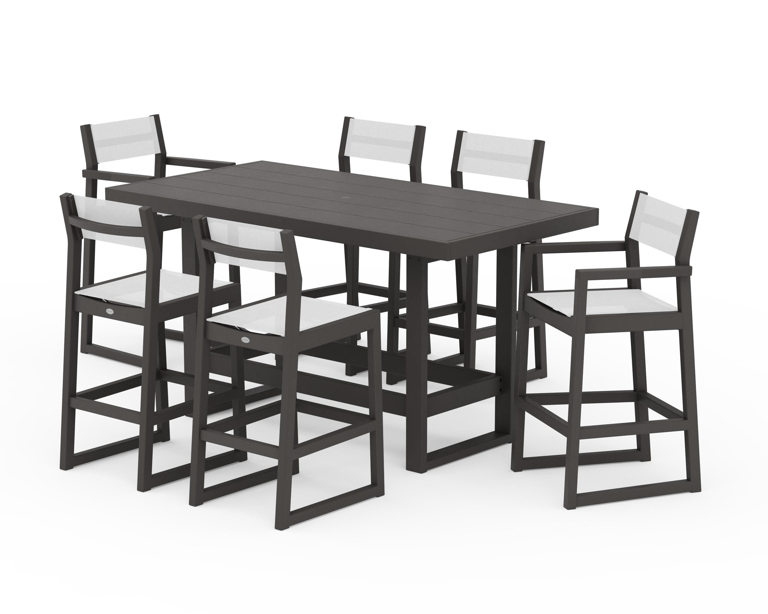 POLYWOOD EDGE Sling 7-Piece Bar Table Set in Vintage Coffee / White Sling