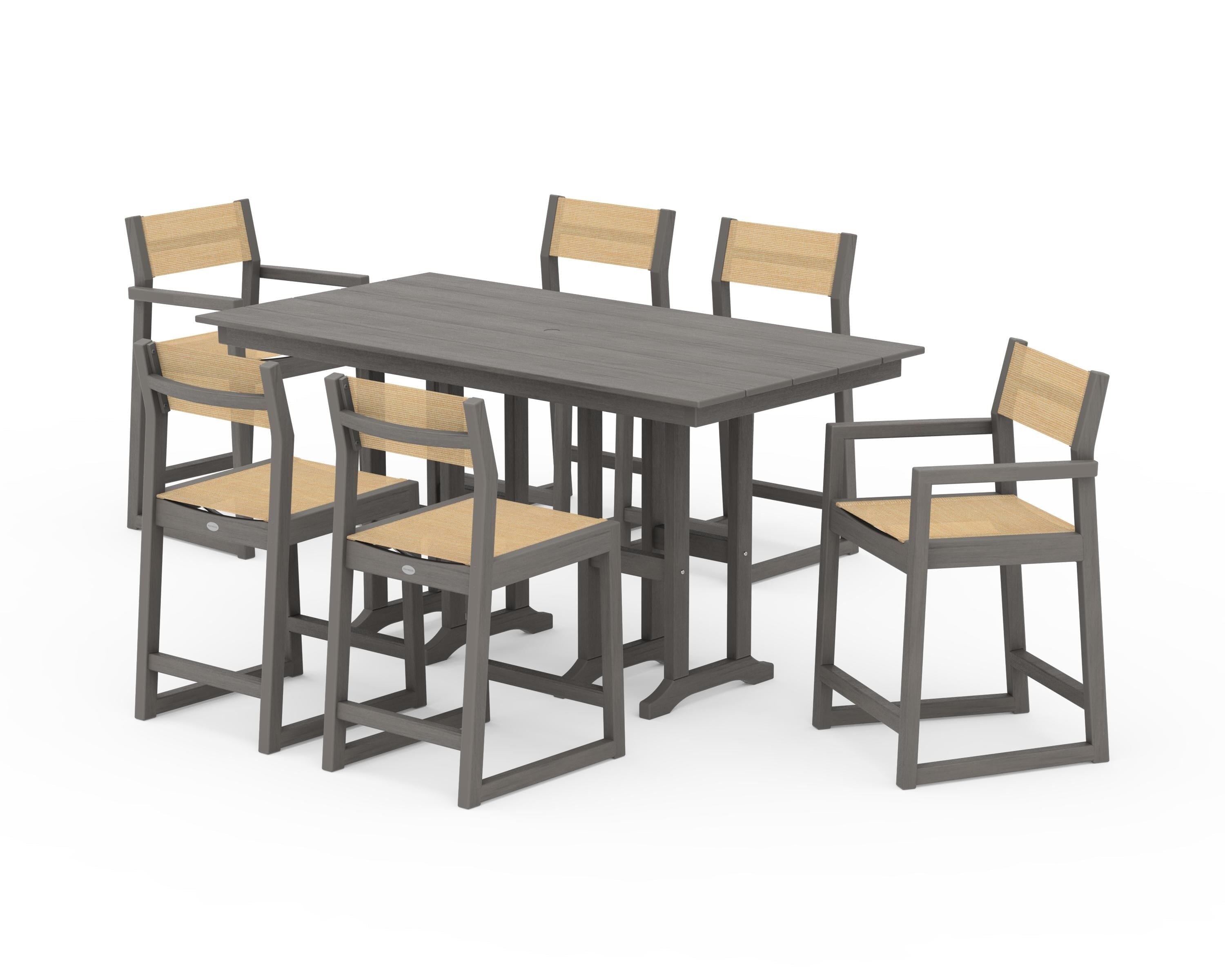 POLYWOOD EDGE Sling 7-Piece Farmhouse Counter Set in Driftwood / Dupioni Apricot Sling