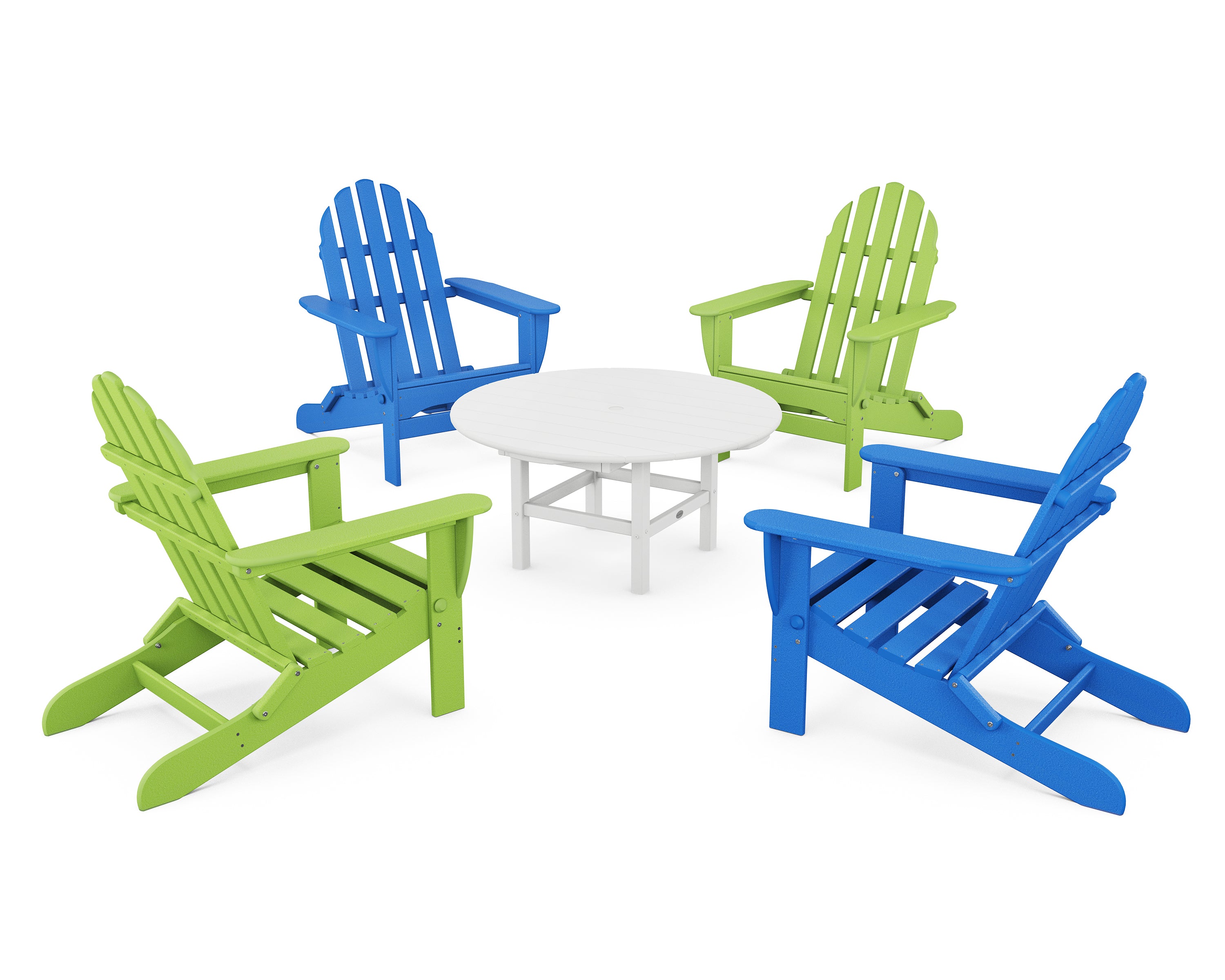 POLYWOOD® Classic Folding Adirondack 5-Piece Conversation Group in Lime / Pacific Blue / White