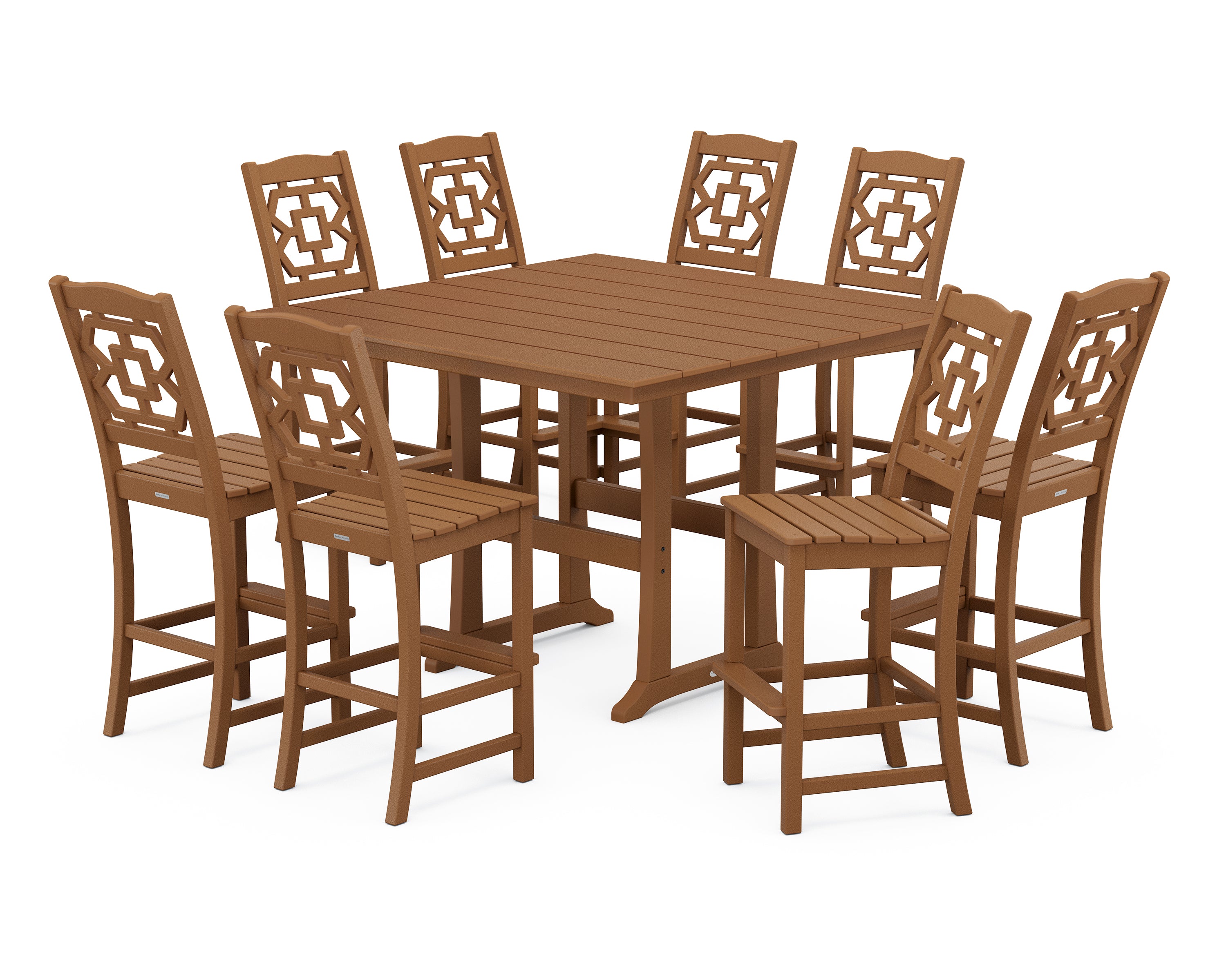 Martha Stewart by POLYWOOD® Chinoiserie 9-Piece Square Farmhouse Side Chair Bar Set with Trestle Legs in Teak