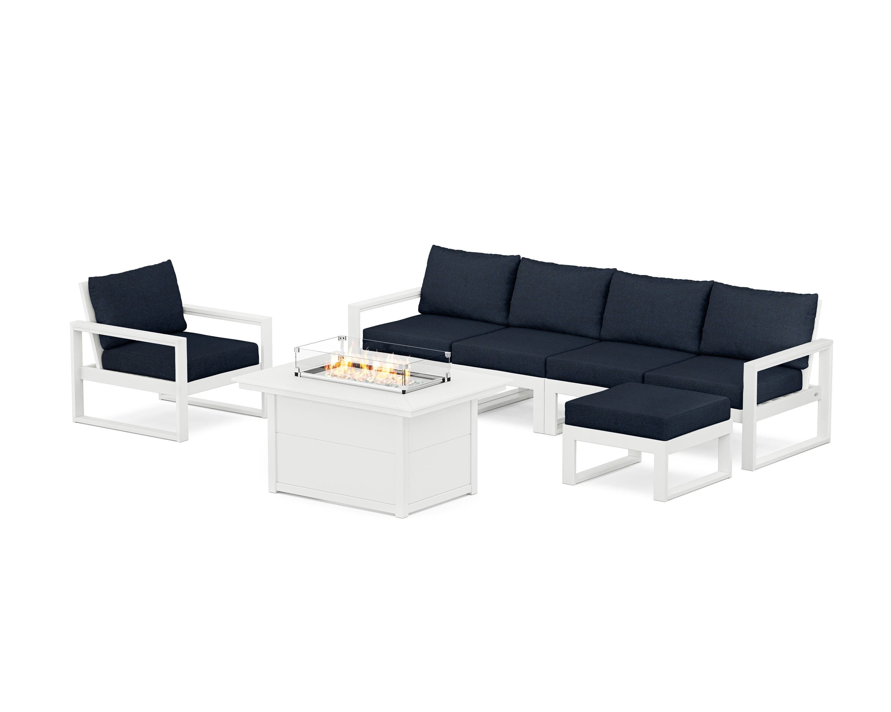 POLYWOOD EDGE Sectional Lounge and Fire Pit Set in White / Marine Indigo