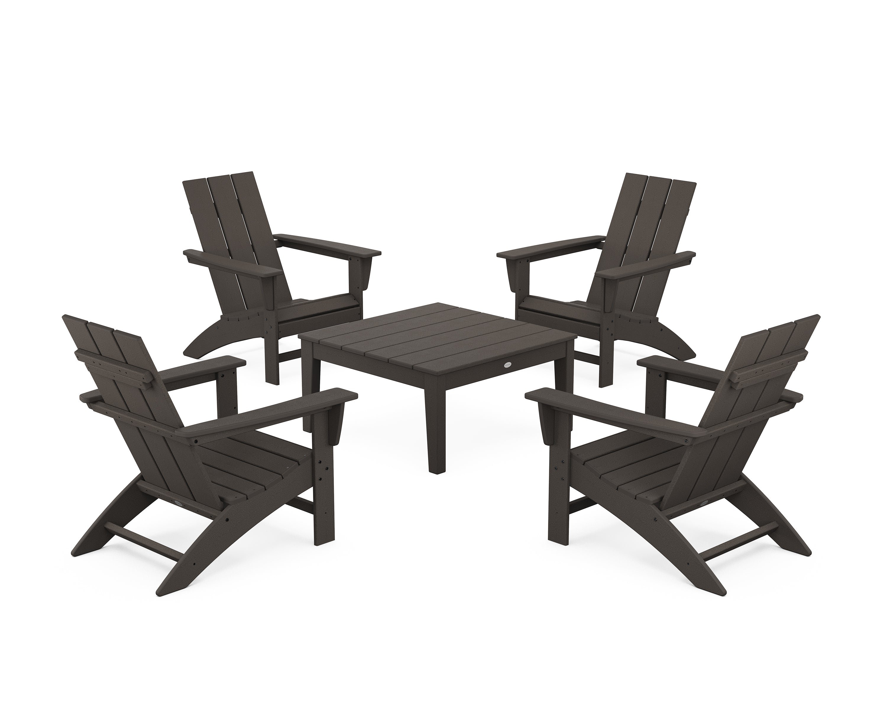 POLYWOOD® 5-Piece Modern Adirondack Chair Conversation Set with 36" Conversation Table in Vintage Coffee
