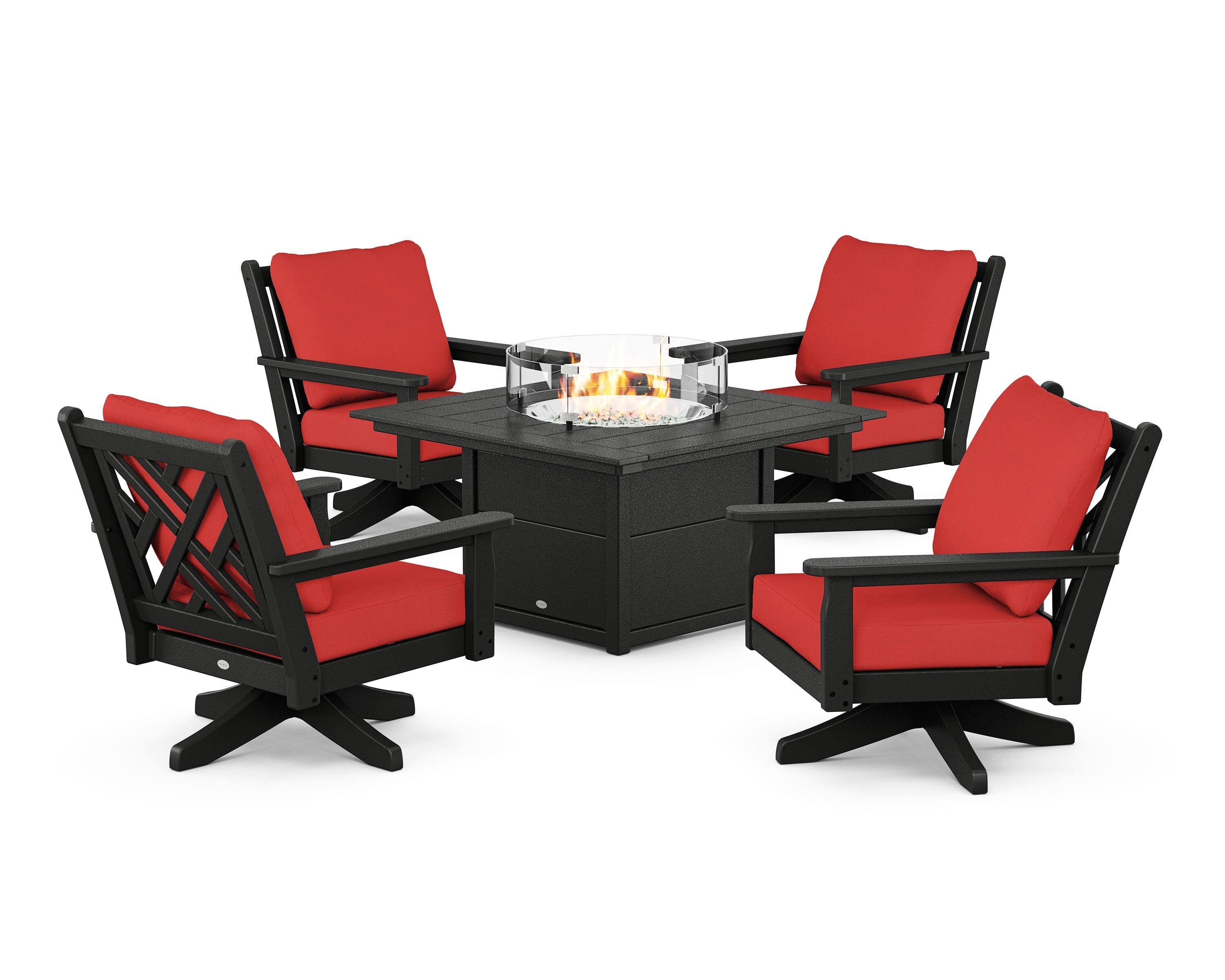 POLYWOOD Chippendale 5-Piece Deep Seating Swivel Conversation Set with Fire Pit Table in Black / Crimson Linen