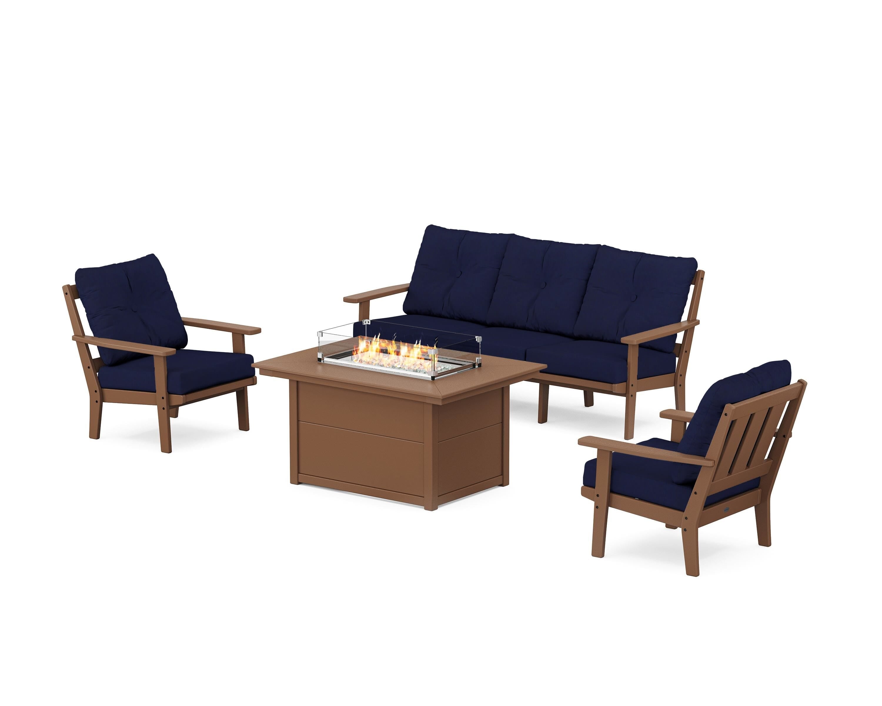 POLYWOOD Oxford Deep Seating Fire Pit Table Set in Teak / Navy
