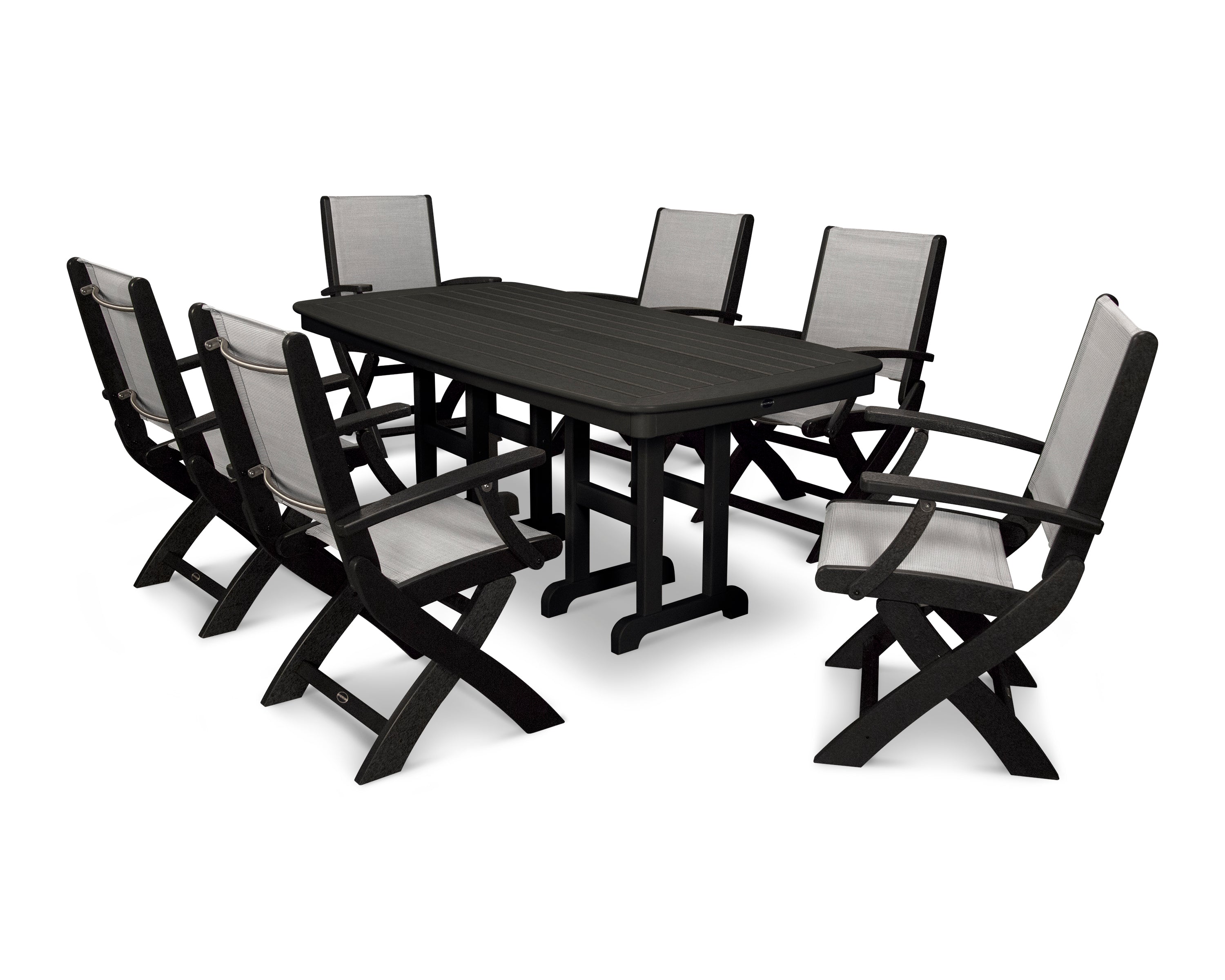 POLYWOOD Coastal Folding Arm Chair 7-Piece Dining Set in Black / Metallic Sling