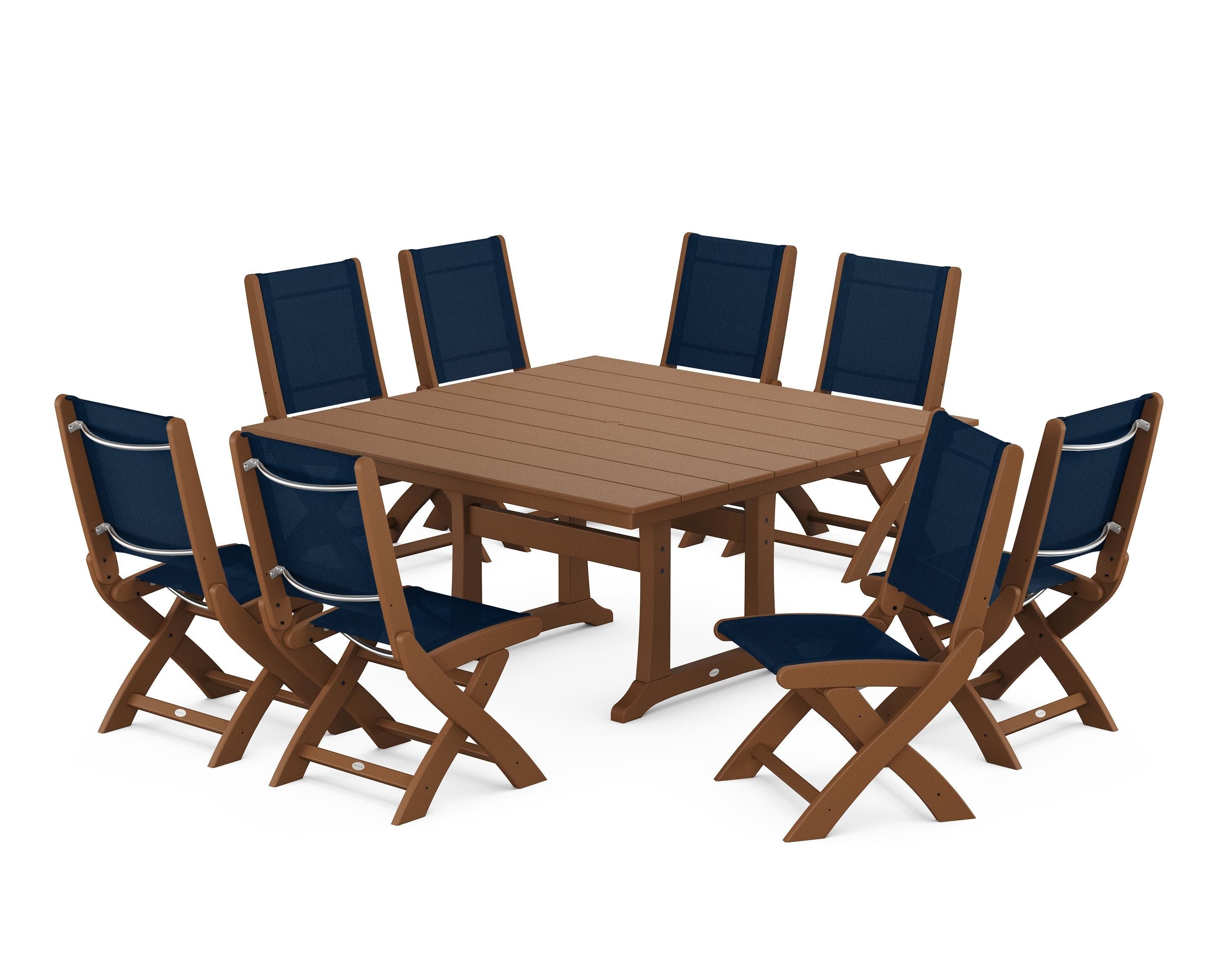 POLYWOOD Coastal Folding Side Chair 9-Piece Farmhouse Dining Set in Teak / Navy Blue Sling
