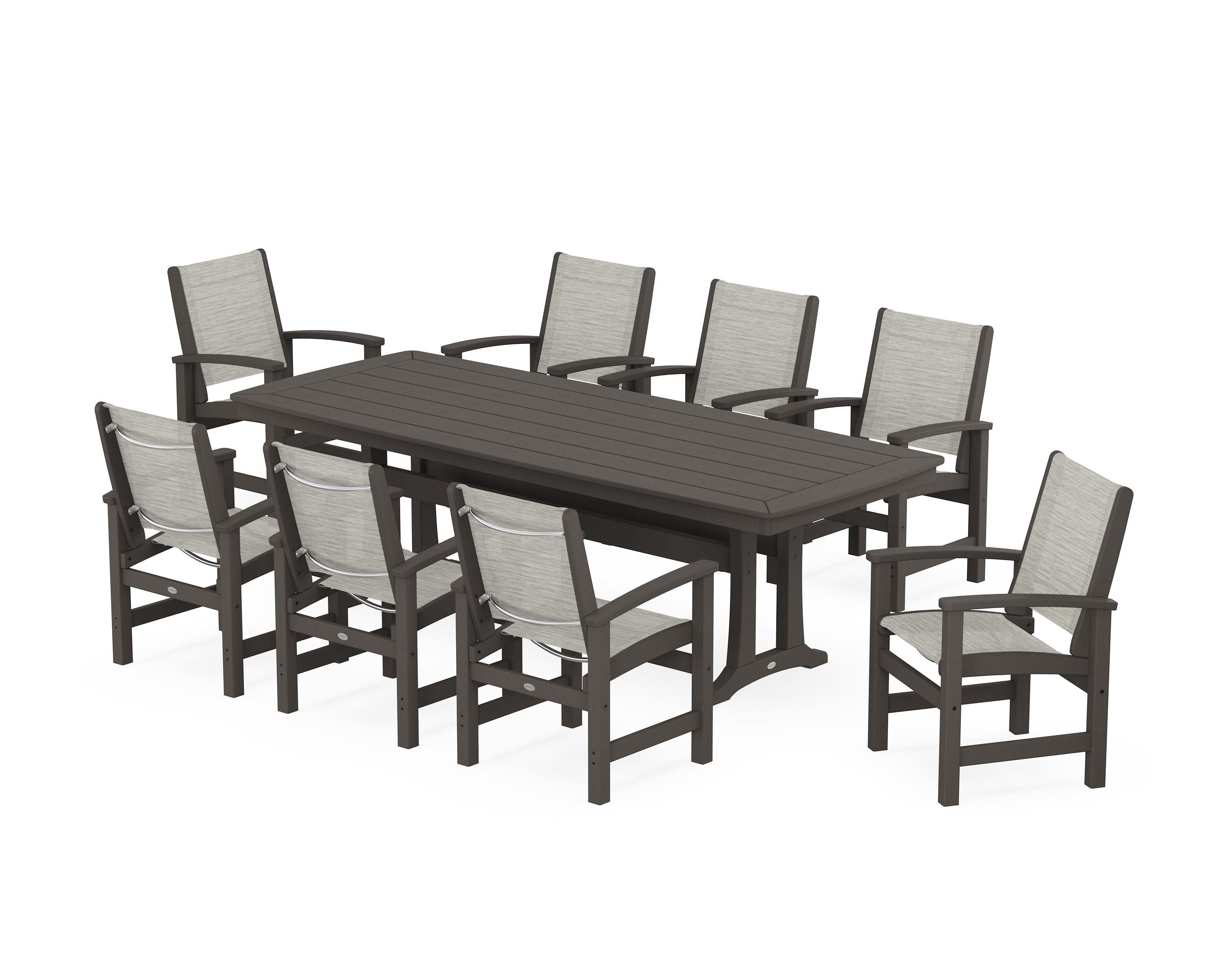 POLYWOOD Coastal 9-Piece Dining Set with Trestle Legs in Vintage Coffee / Birch Sling