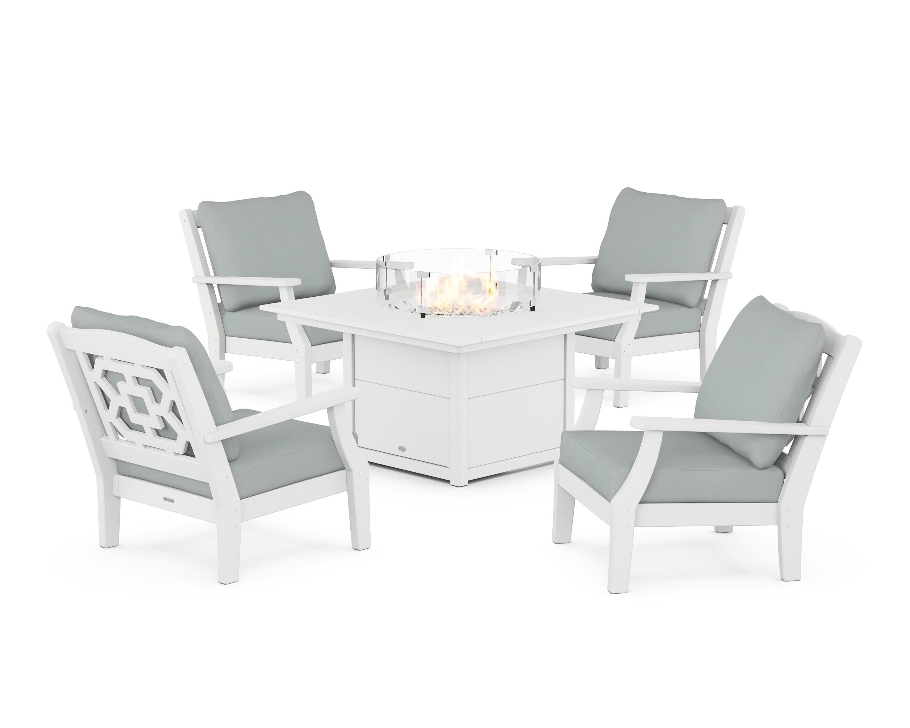 Martha Stewart by POLYWOOD Chinoiserie 5-Piece Deep Seating Set with Fire Pit Table in White / Spa