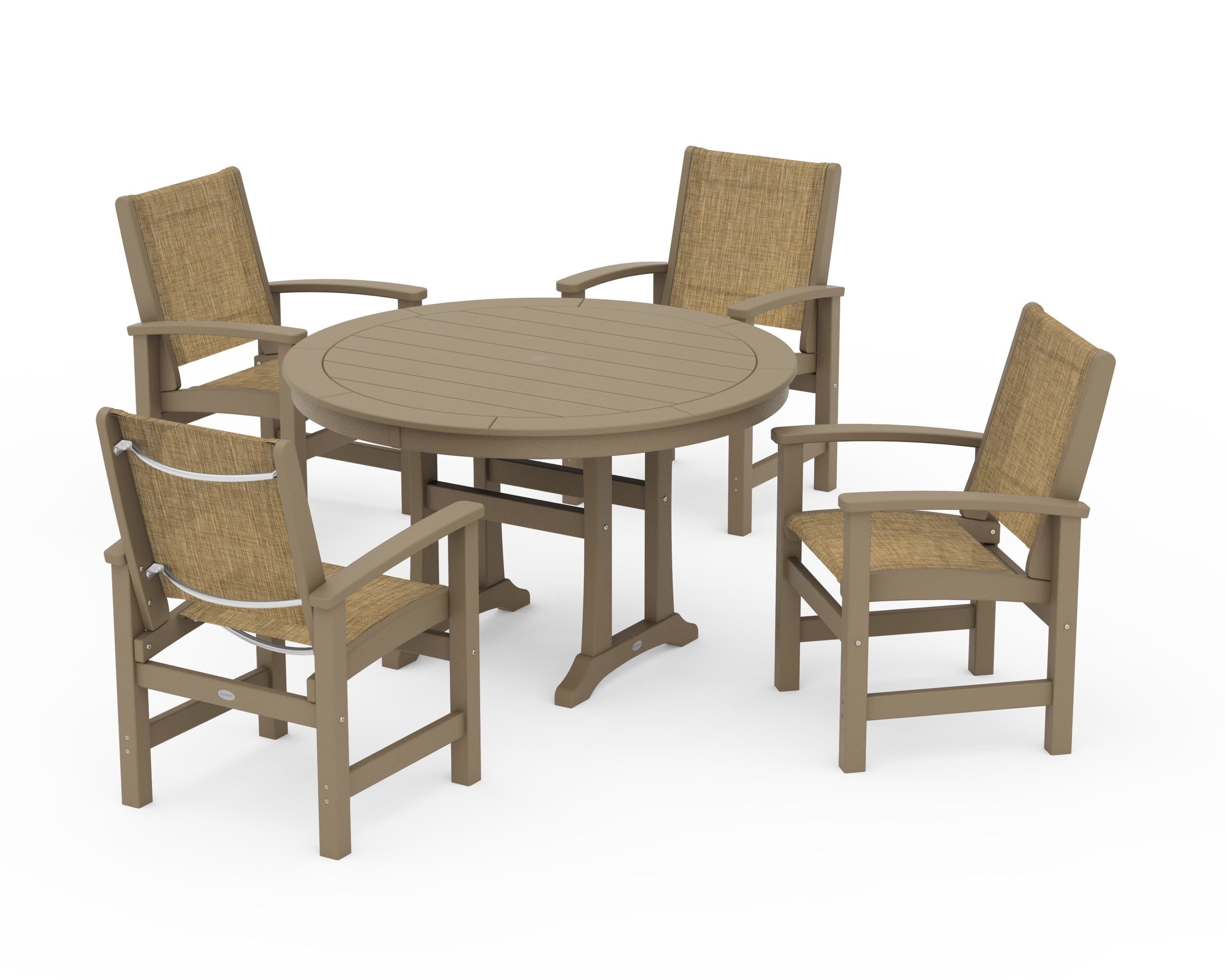POLYWOOD Coastal 5-Piece Round Dining Set with Trestle Legs in Vintage Sahara / Burlap Sling