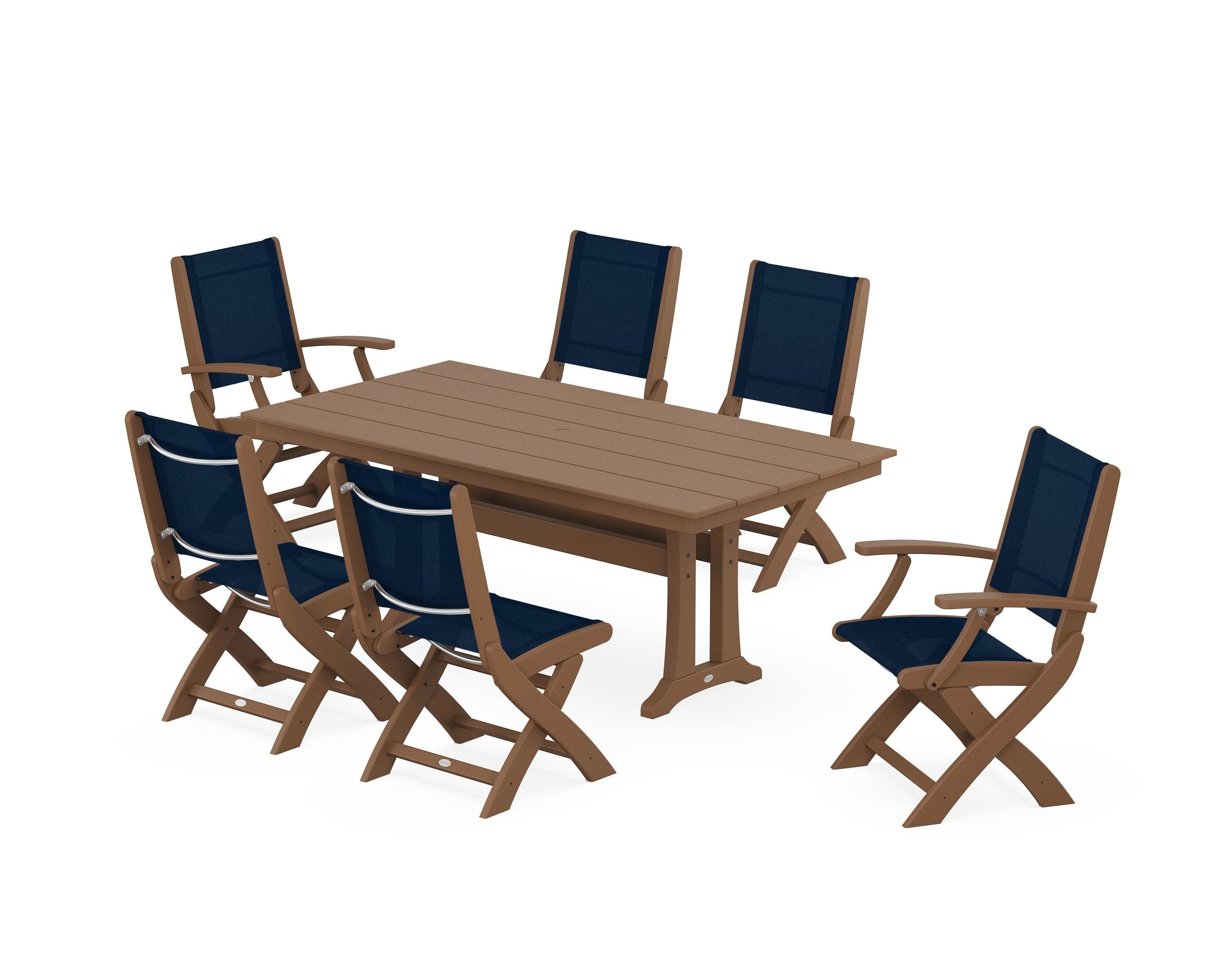POLYWOOD Coastal Folding Chair 7-Piece Farmhouse Dining Set with Trestle Legs in Teak / Navy Blue Sling