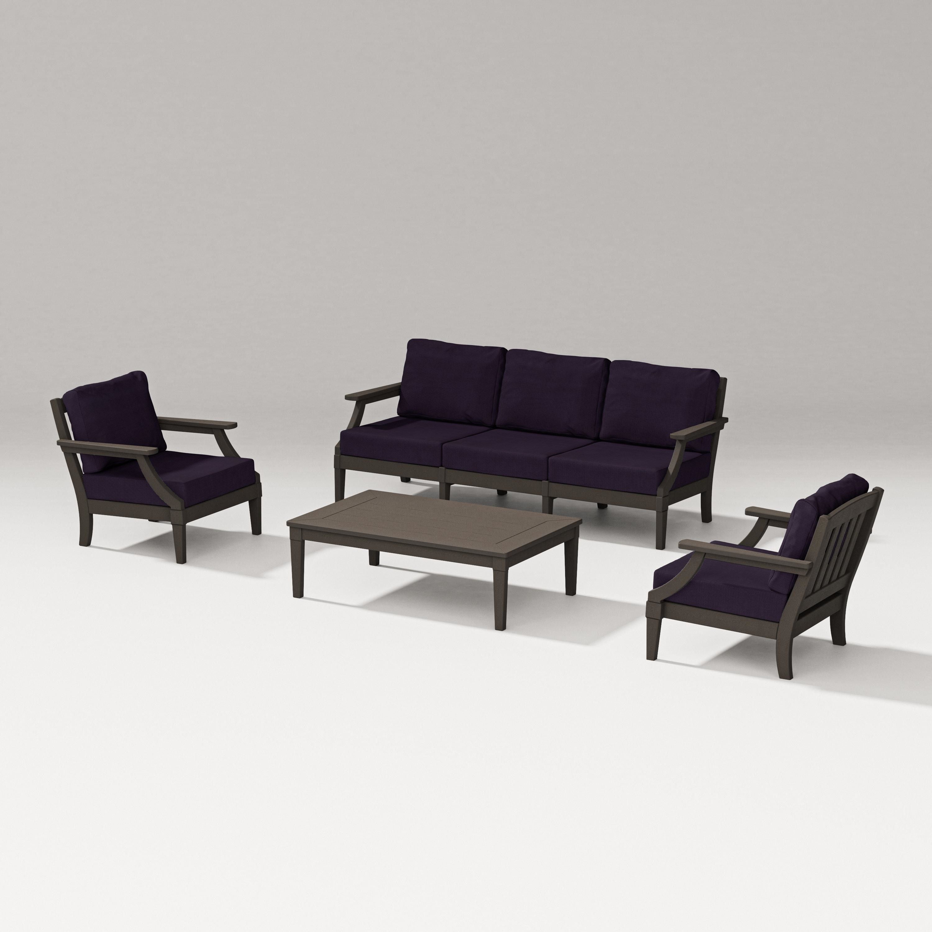 PW Designer Series Estate 4-Piece Lounge Sofa Set in Vintage Coffee / Navy Linen