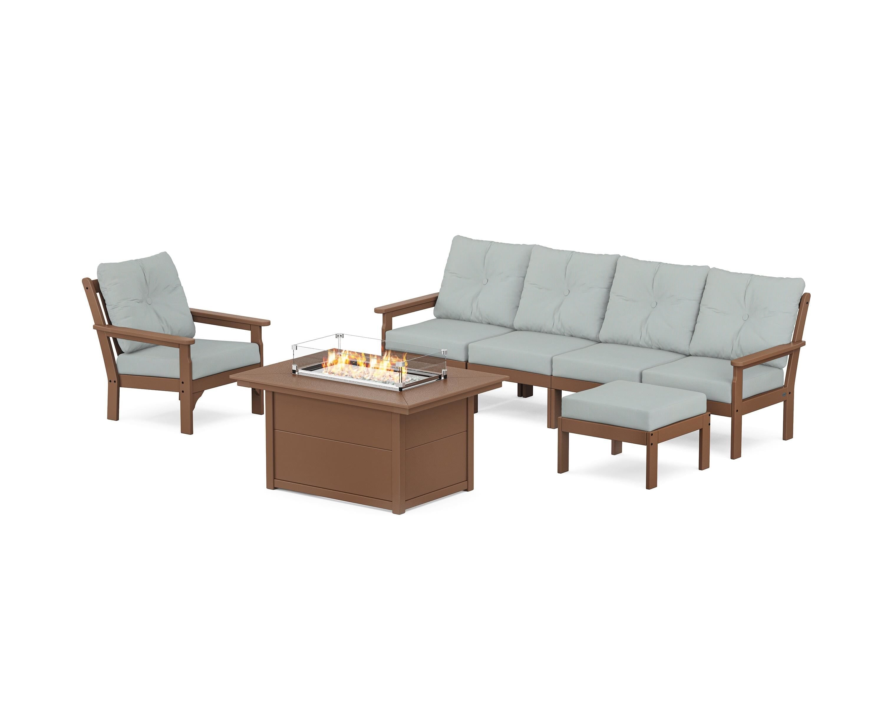 POLYWOOD Vineyard Sectional Lounge and Fire Pit Set in Teak / Spa