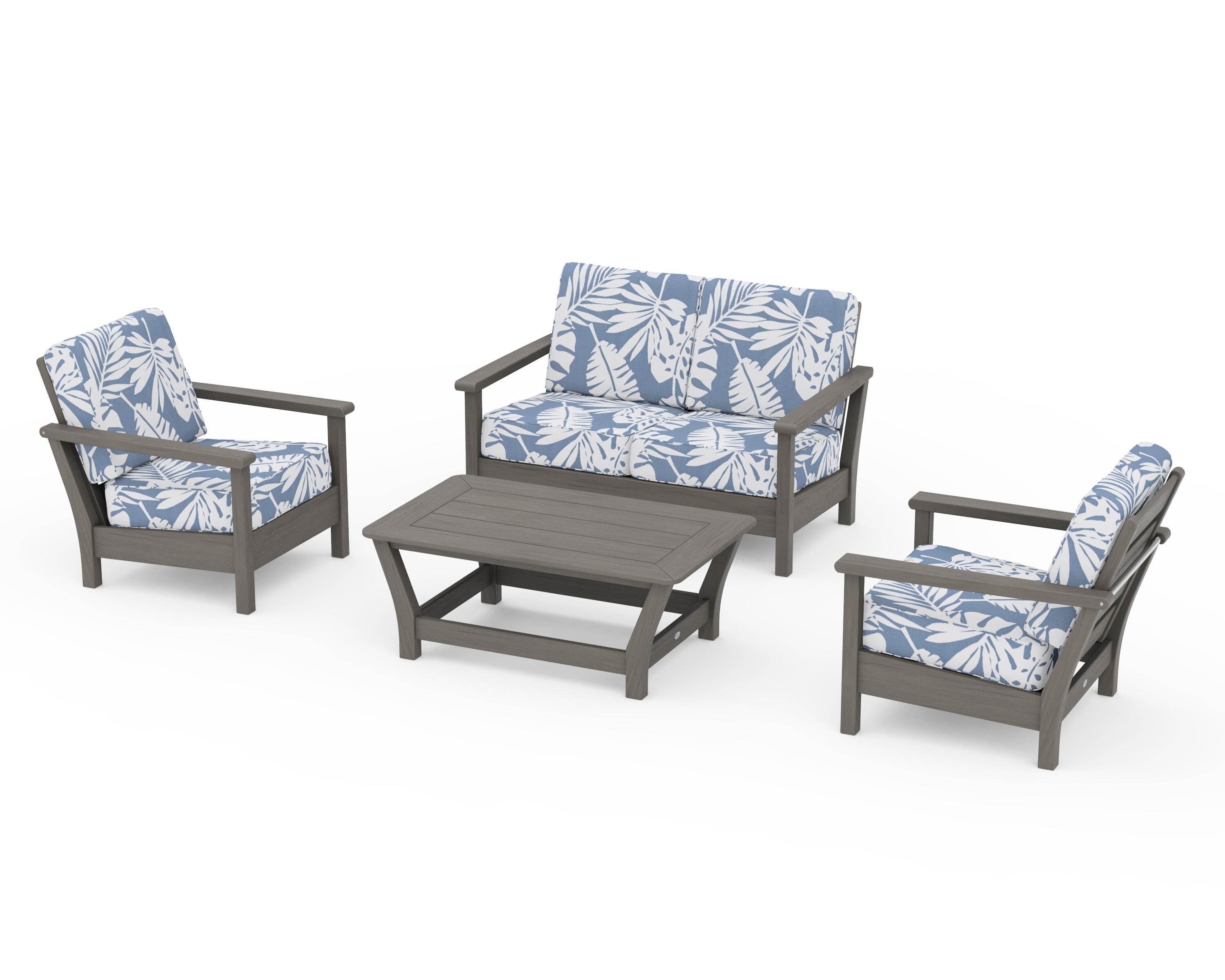 POLYWOOD Harbour 4-Piece Deep Seating Set in Driftwood / Leaf Sky Blue