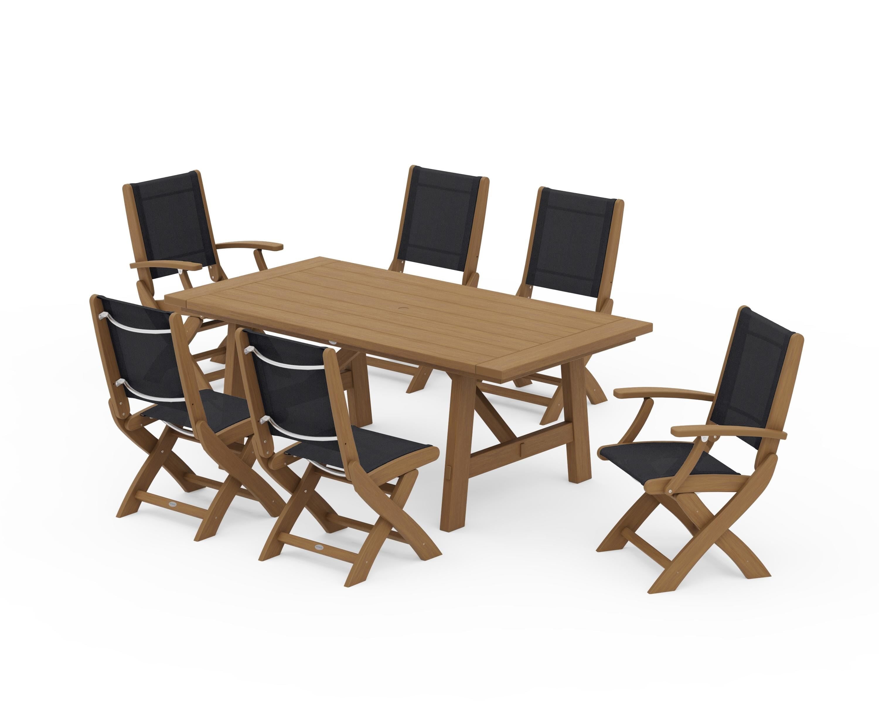 POLYWOOD Coastal Folding Chair 7-Piece Rustic Farmhouse Dining Set in Natural / Black Sling