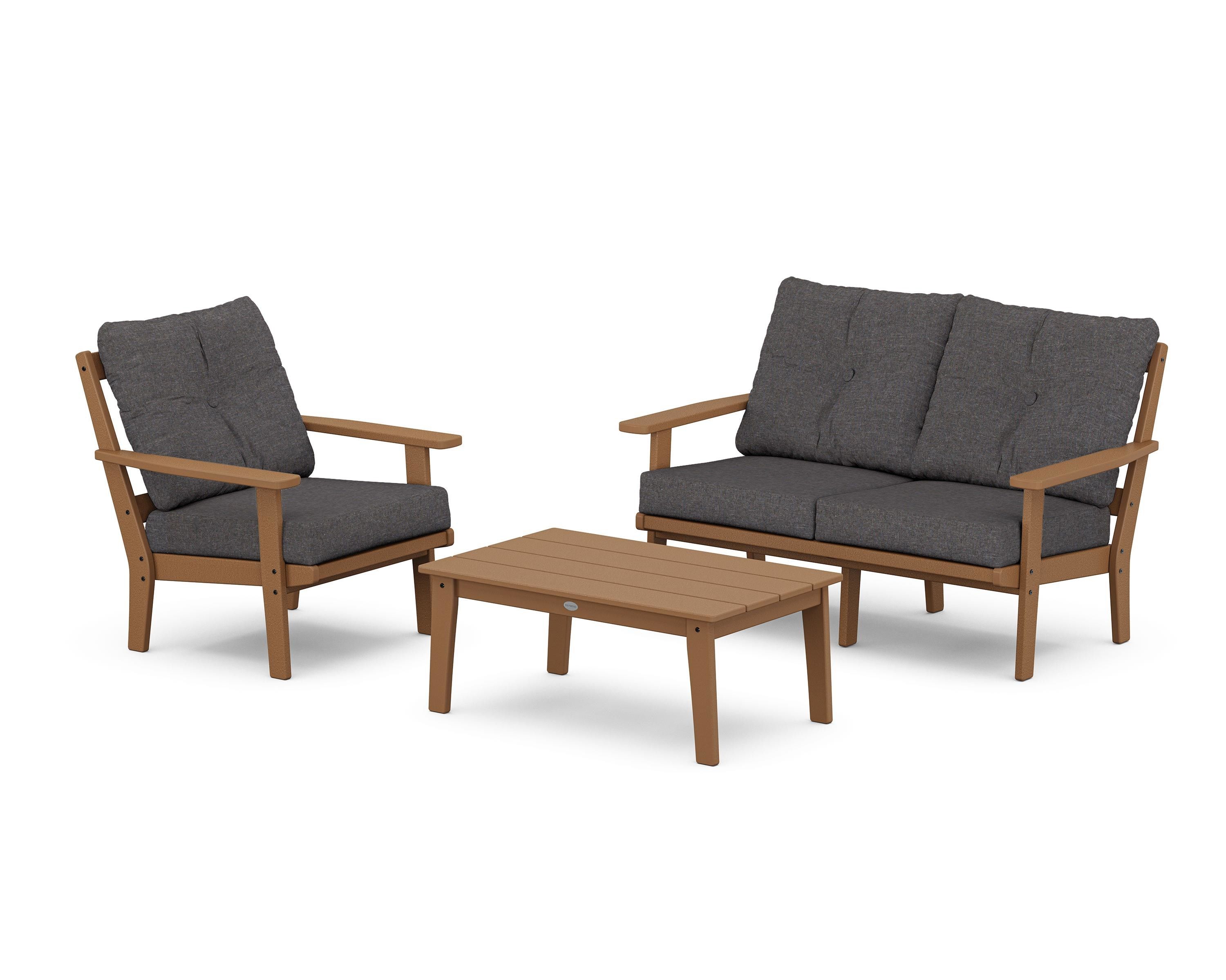 POLYWOOD Oxford 3-Piece Deep Seating Set with Loveseat in Teak / Ash Charcoal