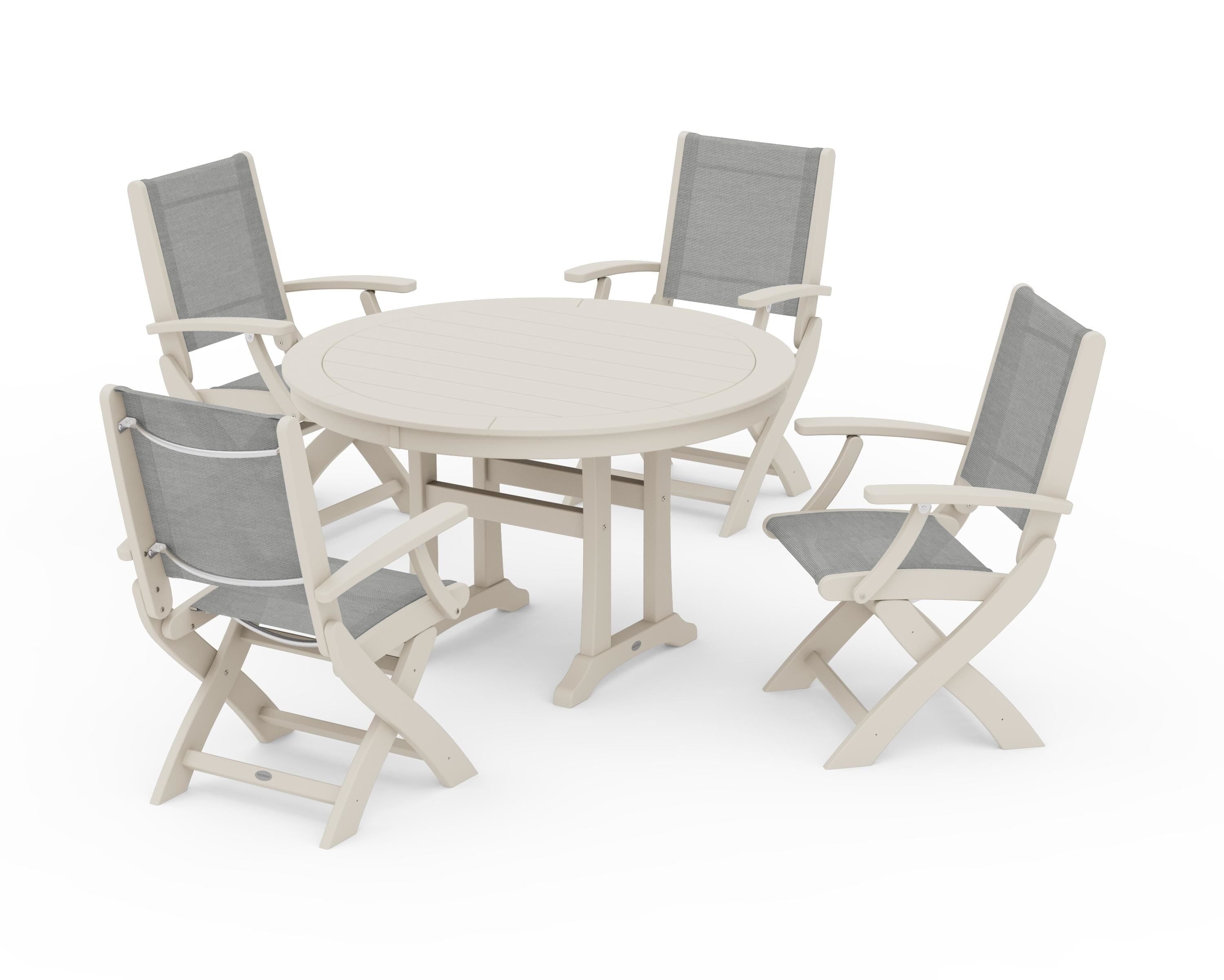 POLYWOOD Coastal Folding Chair 5-Piece Round Dining Set with Trestle Legs in Sand / Metallic Sling