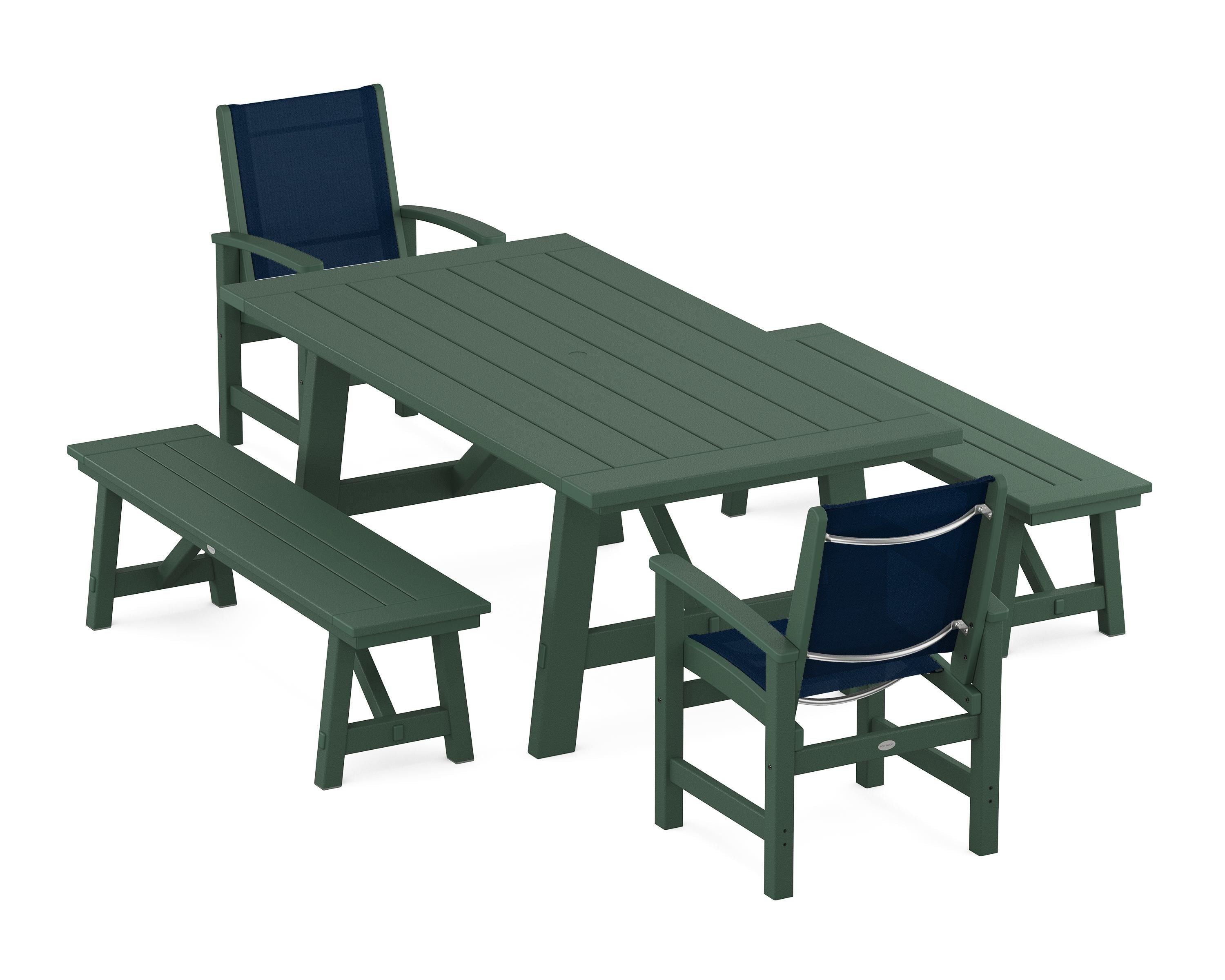 POLYWOOD Coastal 5-Piece Rustic Farmhouse Dining Set With Benches in Green / Navy Blue Sling