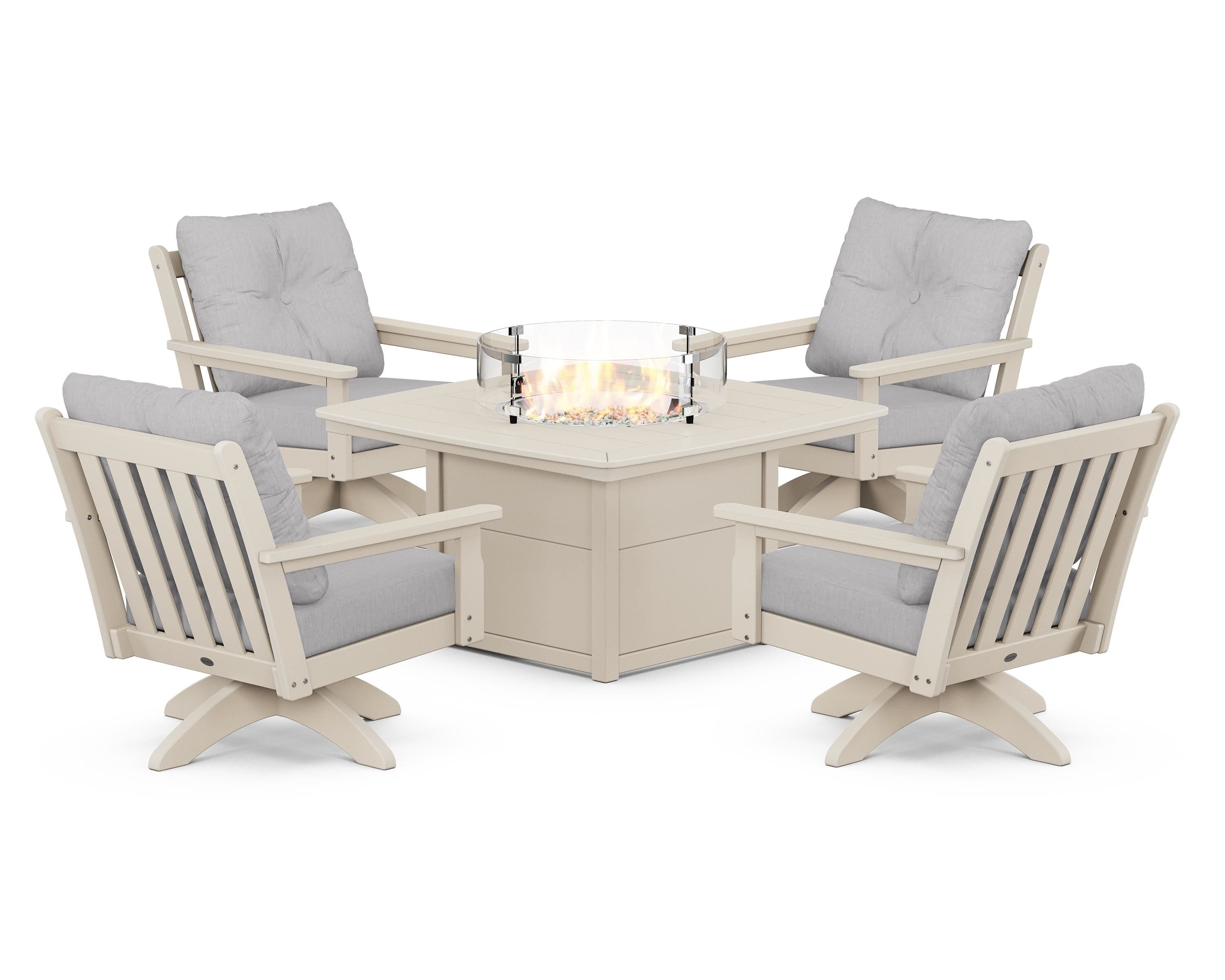 POLYWOOD Vineyard 5-Piece Deep Seating Swivel Conversation Set with Fire Pit Table in Sand / Granite
